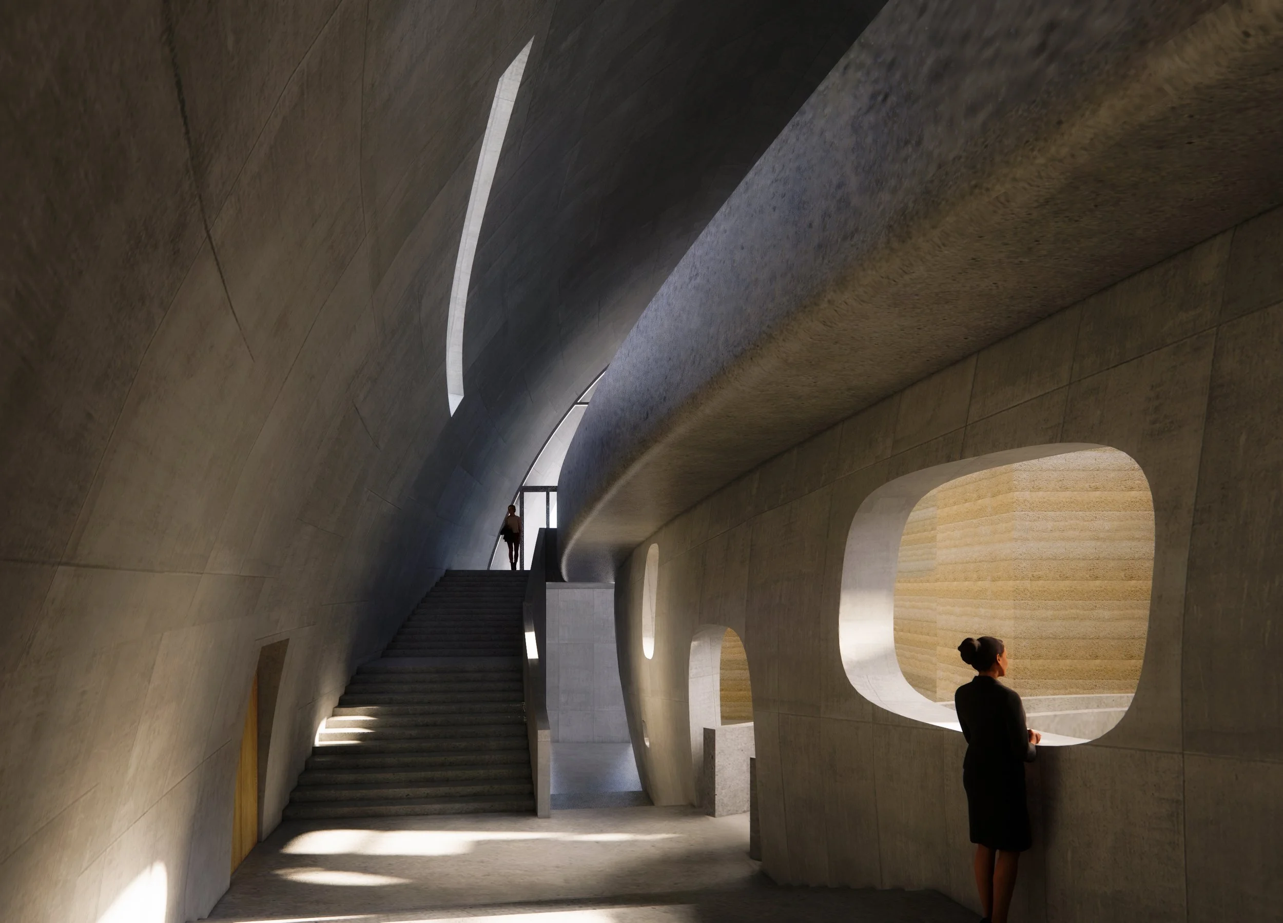 Modern architectural interior with curved concrete walls, staircase, and circular openings with natural light, featuring two women standing at different levels.