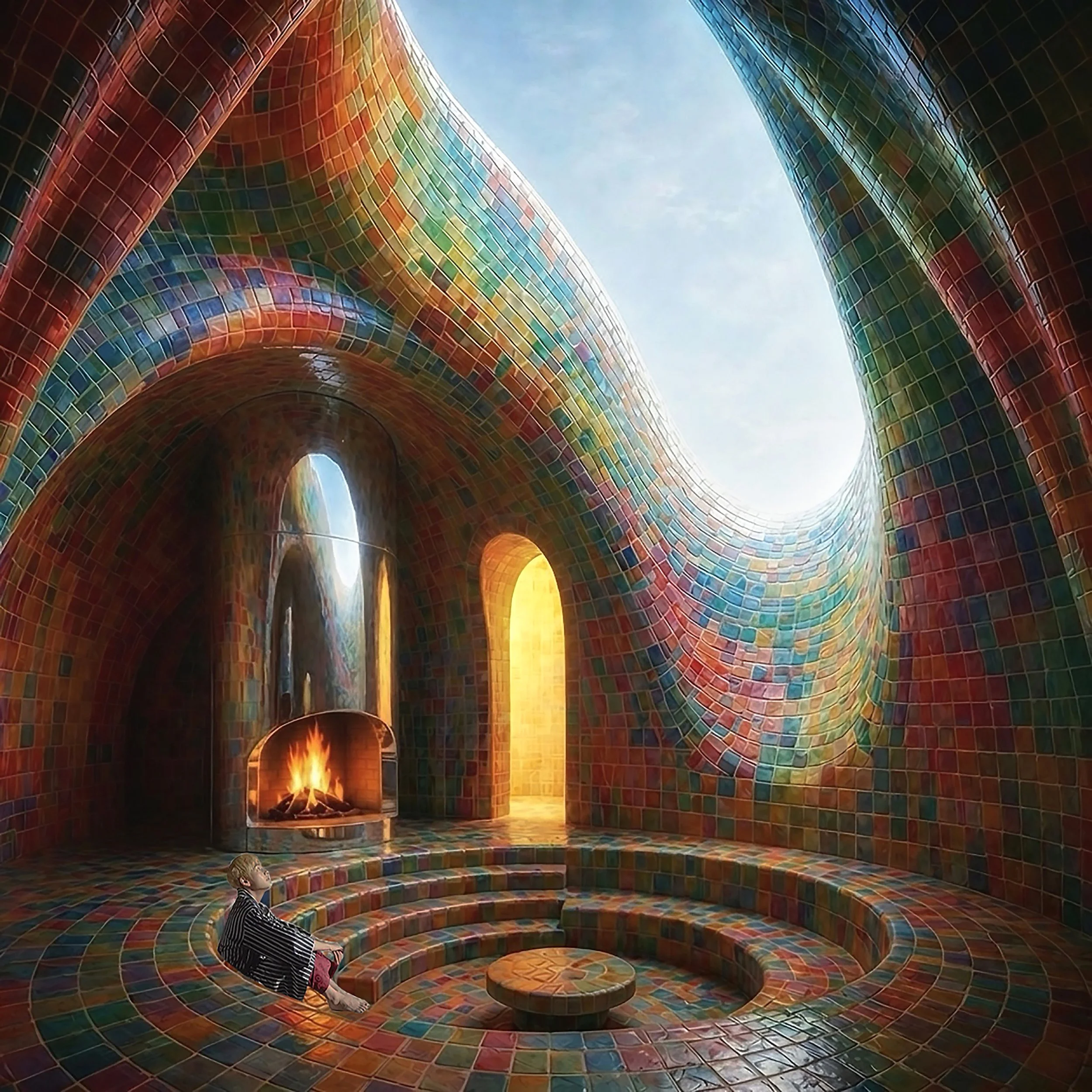 Colorful mosaic tiles cover curved walls and benches inside a vibrant, modern architectural space with a fireplace, and a small boy sitting on a curved bench.