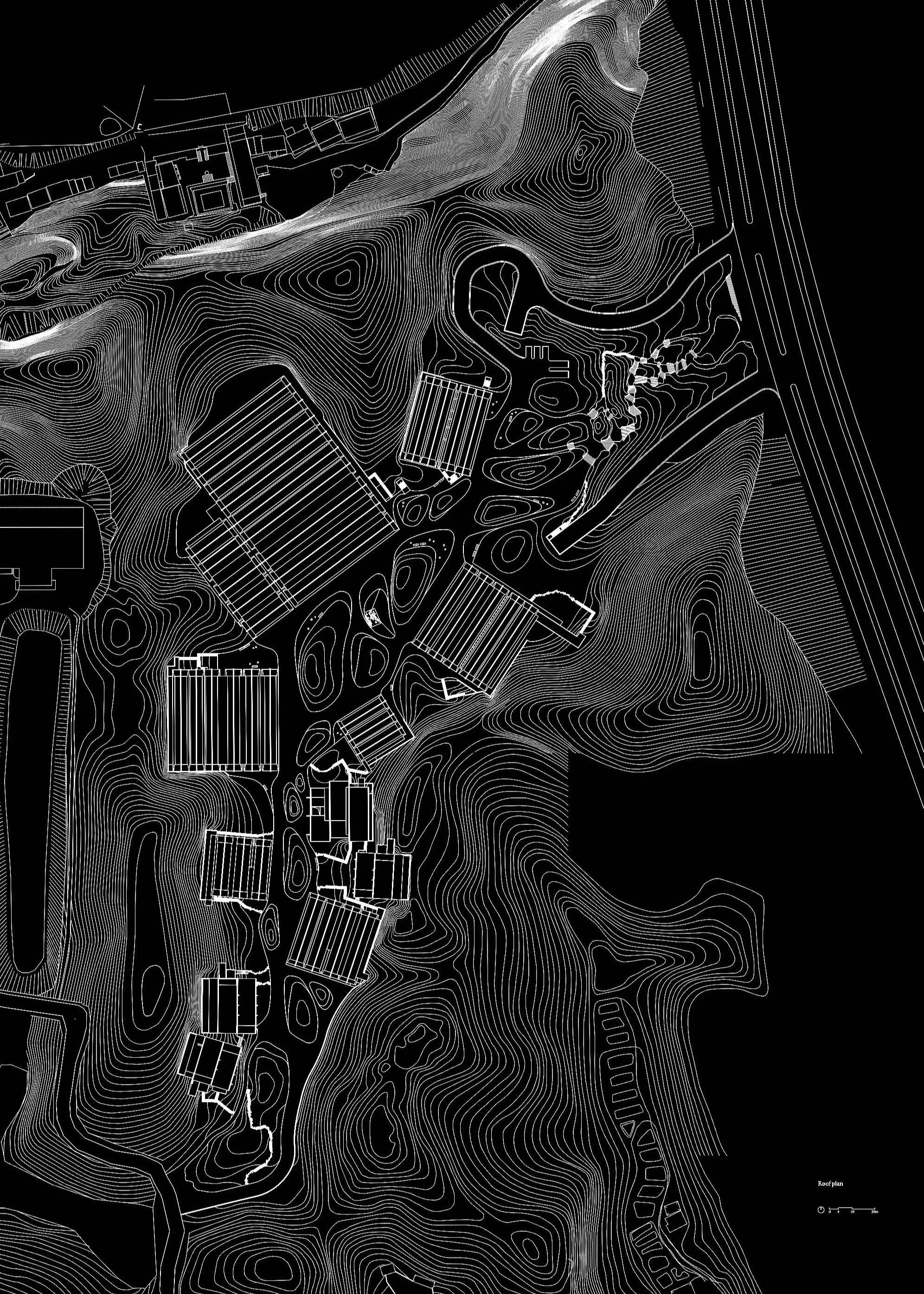 Black and white topographical map showing contour lines and building outlines, with a label 'Roof plan' in the bottom right corner.