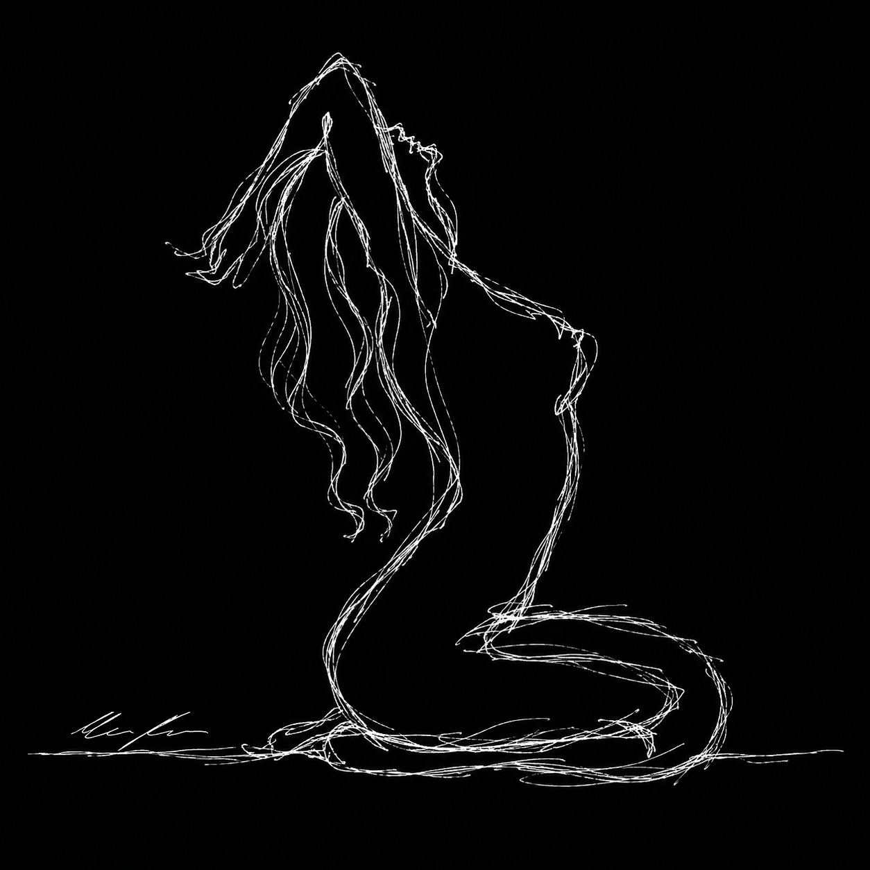 Line art illustration of a reclining mermaid with long flowing hair, created with glowing white lines on a black background.