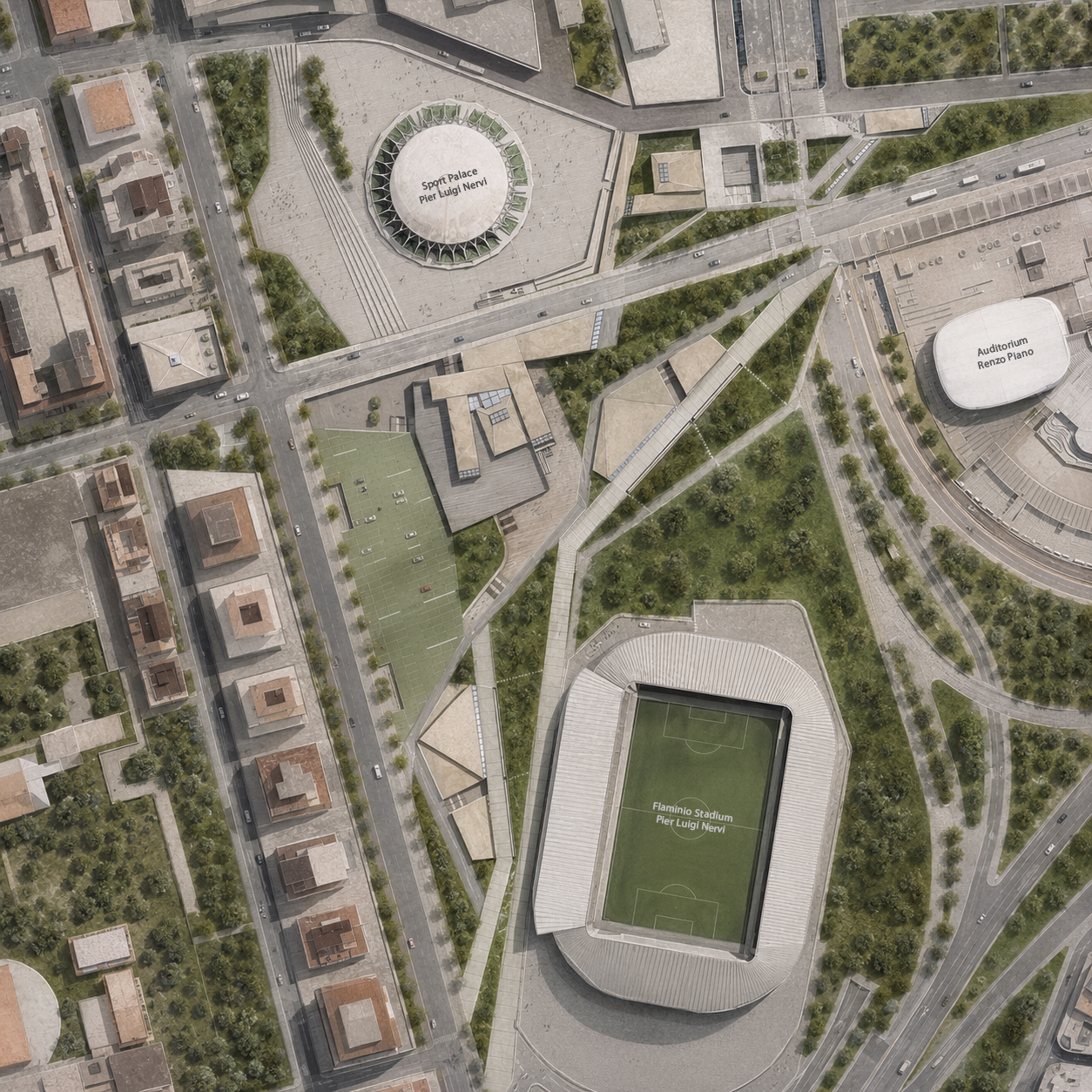 Aerial view of a sports complex featuring a soccer stadium, an indoor arena, a concert hall, tennis courts, parking lots, and surrounding city streets with trees and residential buildings.