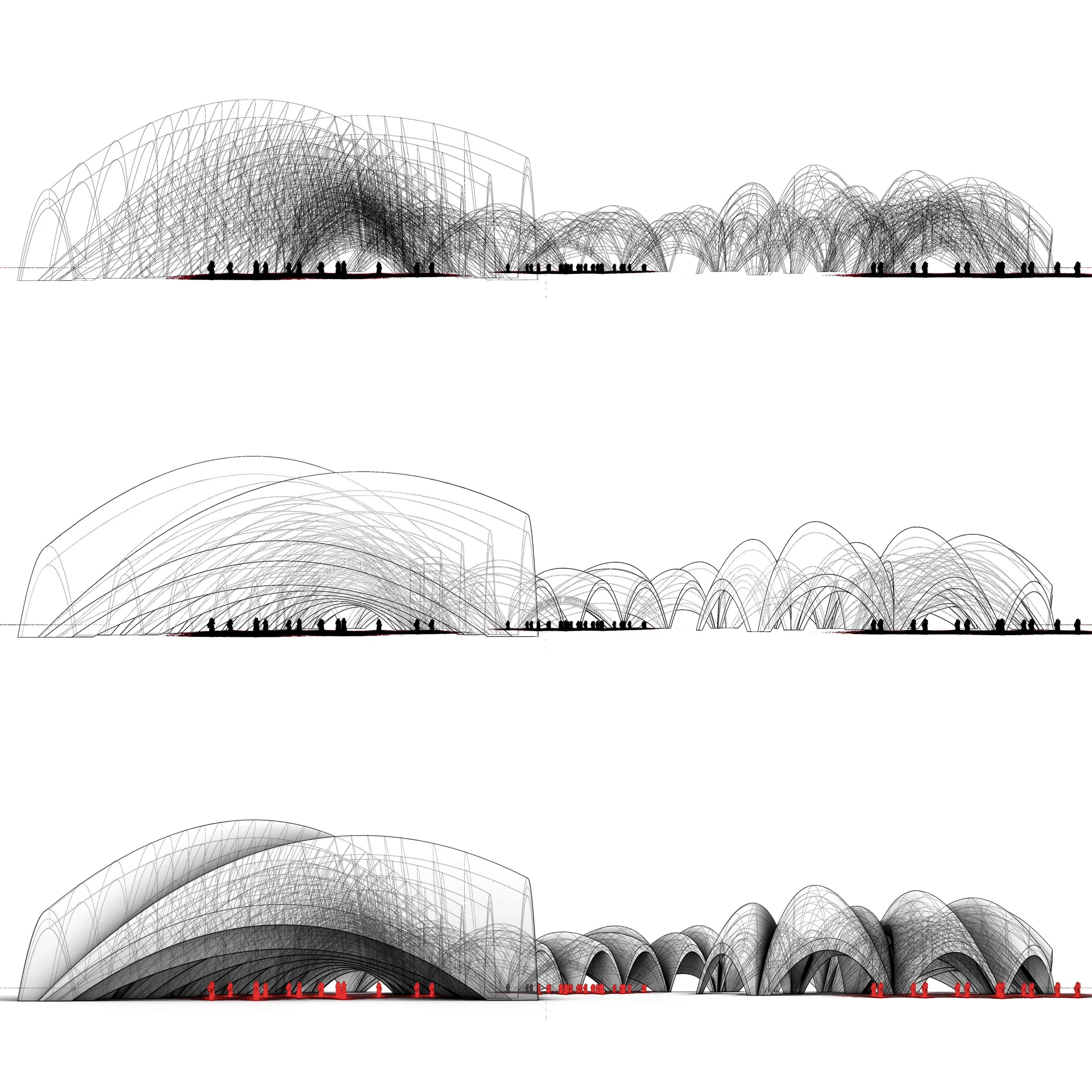 Sketch of a large architectural structure with multiple arching frames and a row of red figures at the base, resembling a public event or gathering