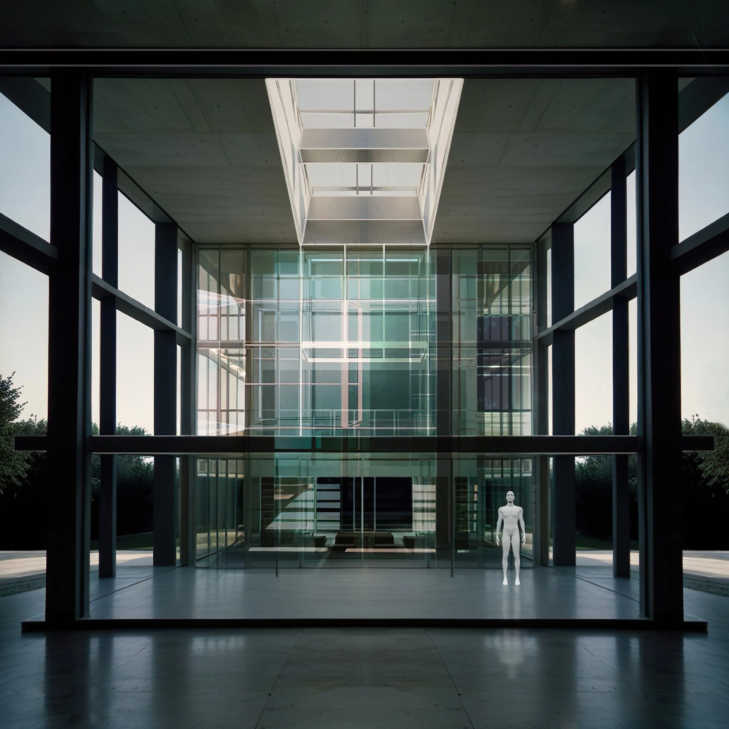 Modern building entrance with large glass windows, concrete ceiling, and a white mannequin standing inside, with a statue of a person's head visible in the background.