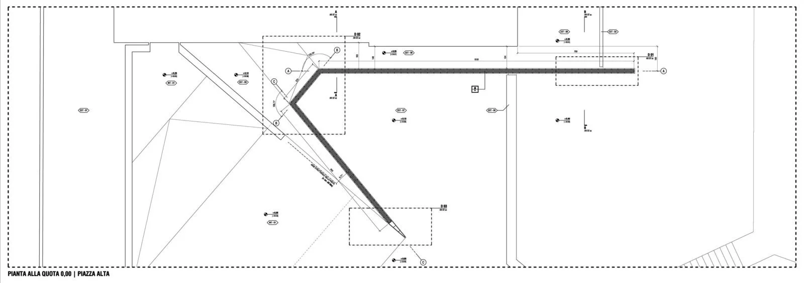 Architectural blueprint showing a building plan with walls, measurements, and construction details.