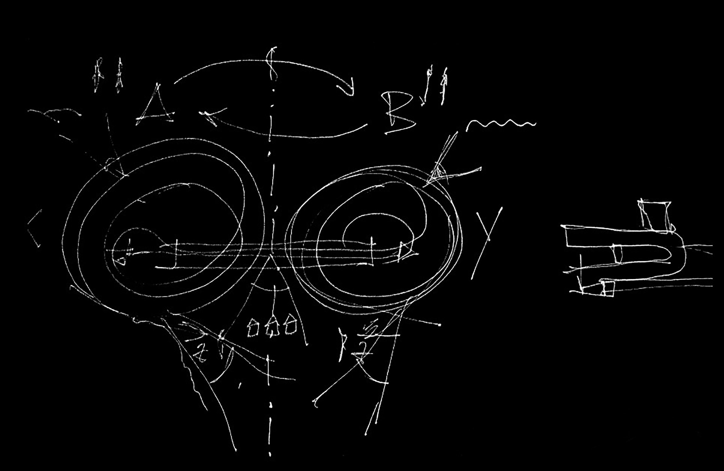 White technical sketches and diagrams on a black background, including circles, arrows, and mathematical symbols.