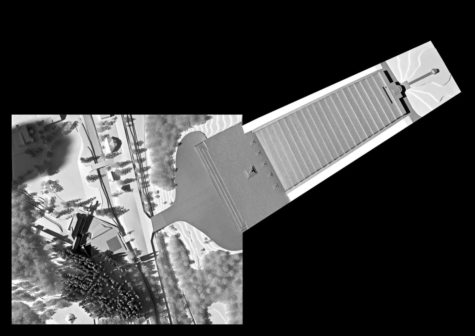 Computer-generated rendering of a cityscape with a large building and surrounding trees, roads, and electrical lines, viewed from above at an angle.