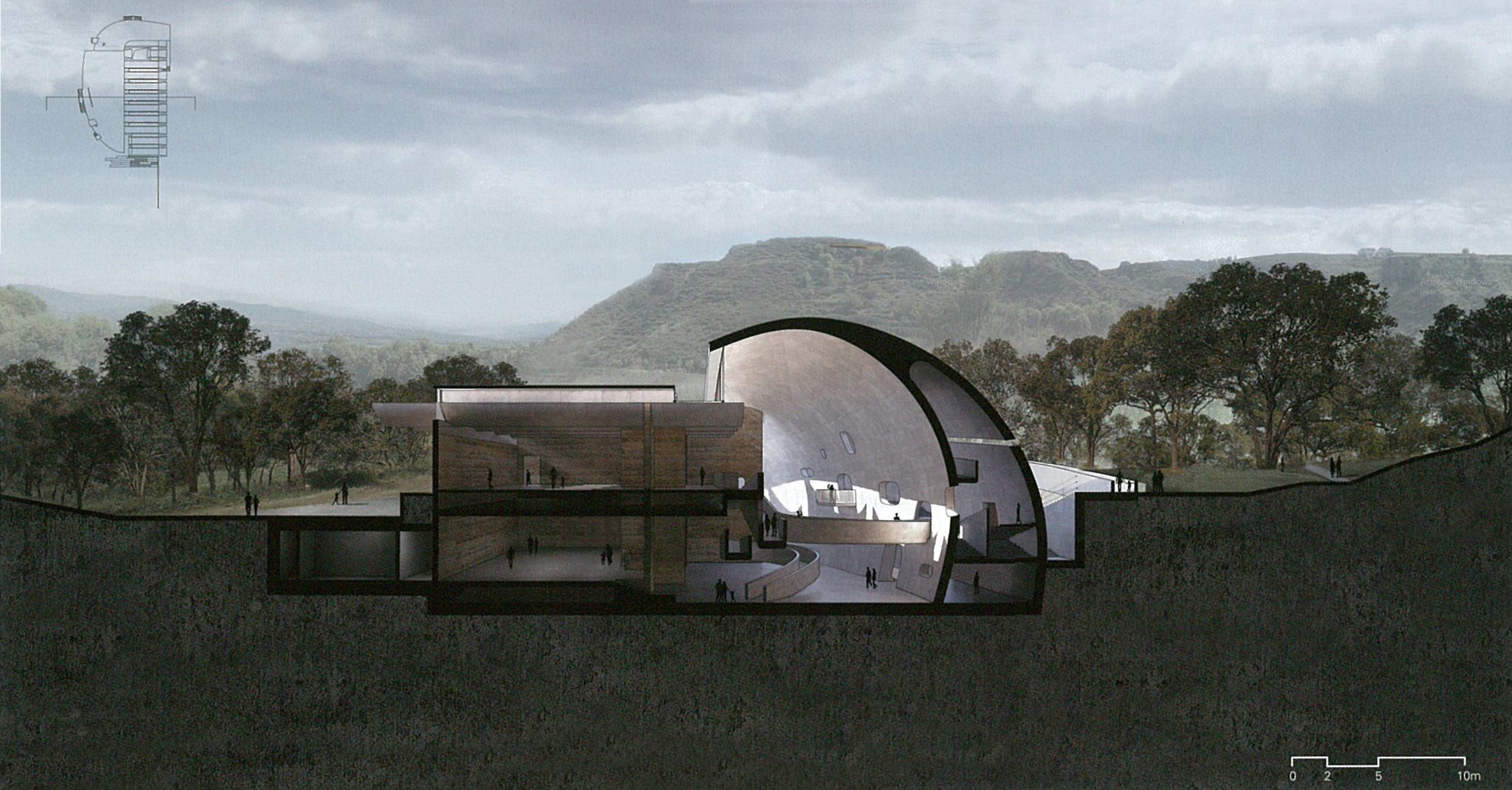 Cross-sectional architectural rendering of a modern building with a curved roof, situated in a natural landscape with trees and distant hills.