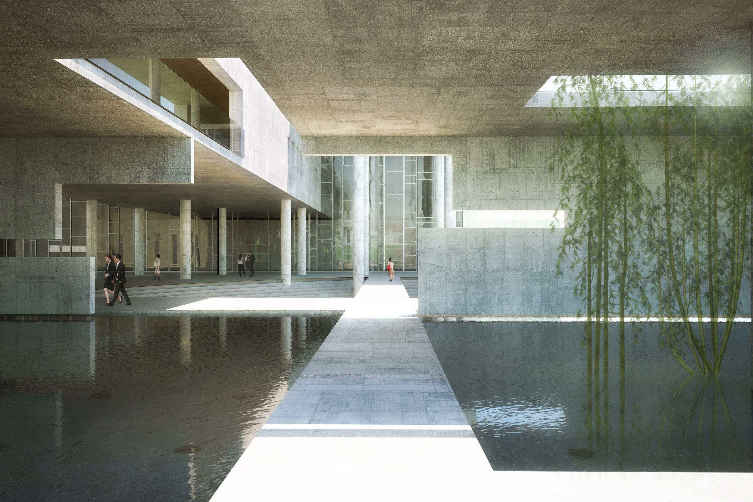 Modern concrete building with large glass windows, columns, and an outdoor water feature reflecting the structure, with people walking around.