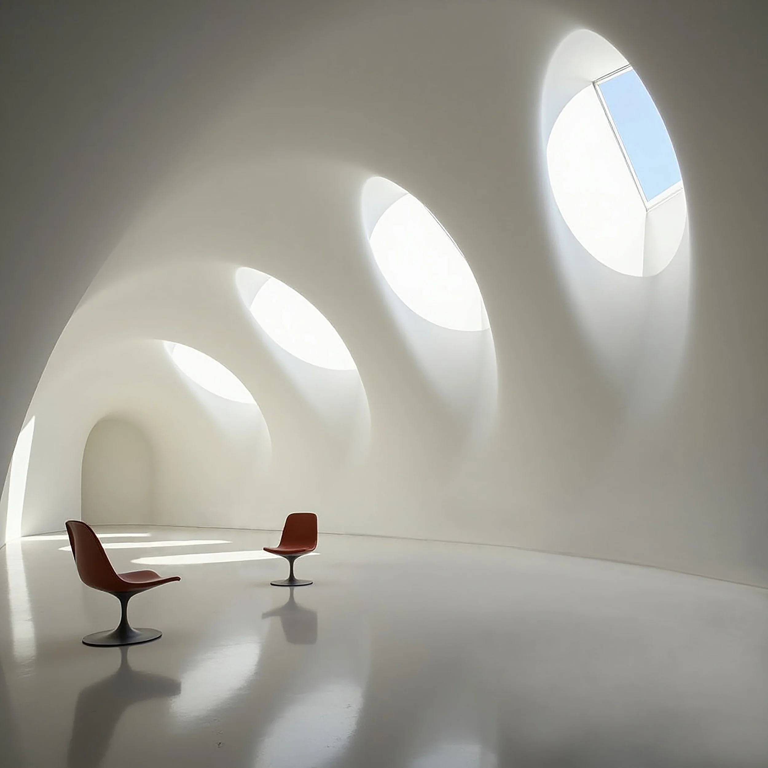 Interior view of a modern building with white, curved walls and three large, oval-shaped windows allowing natural light to enter. There are four red chairs with black bases arranged inside.