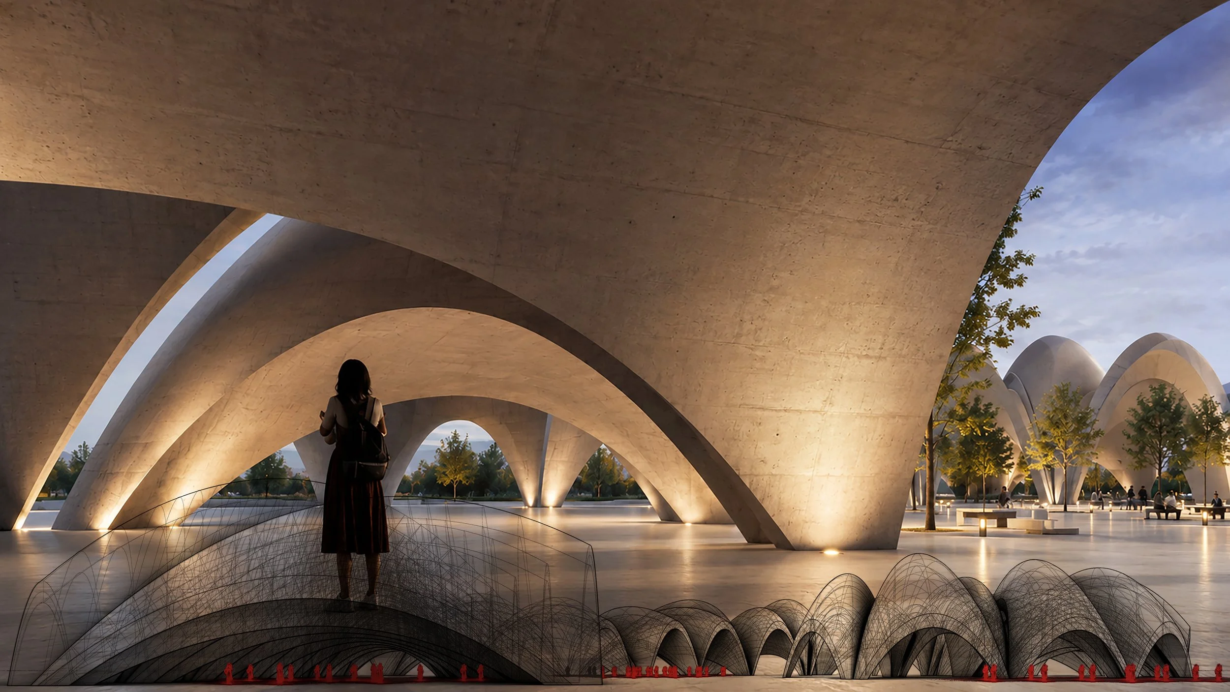 People walking under large, modern concrete arches in an outdoor park at dusk, with trees and benches visible.
