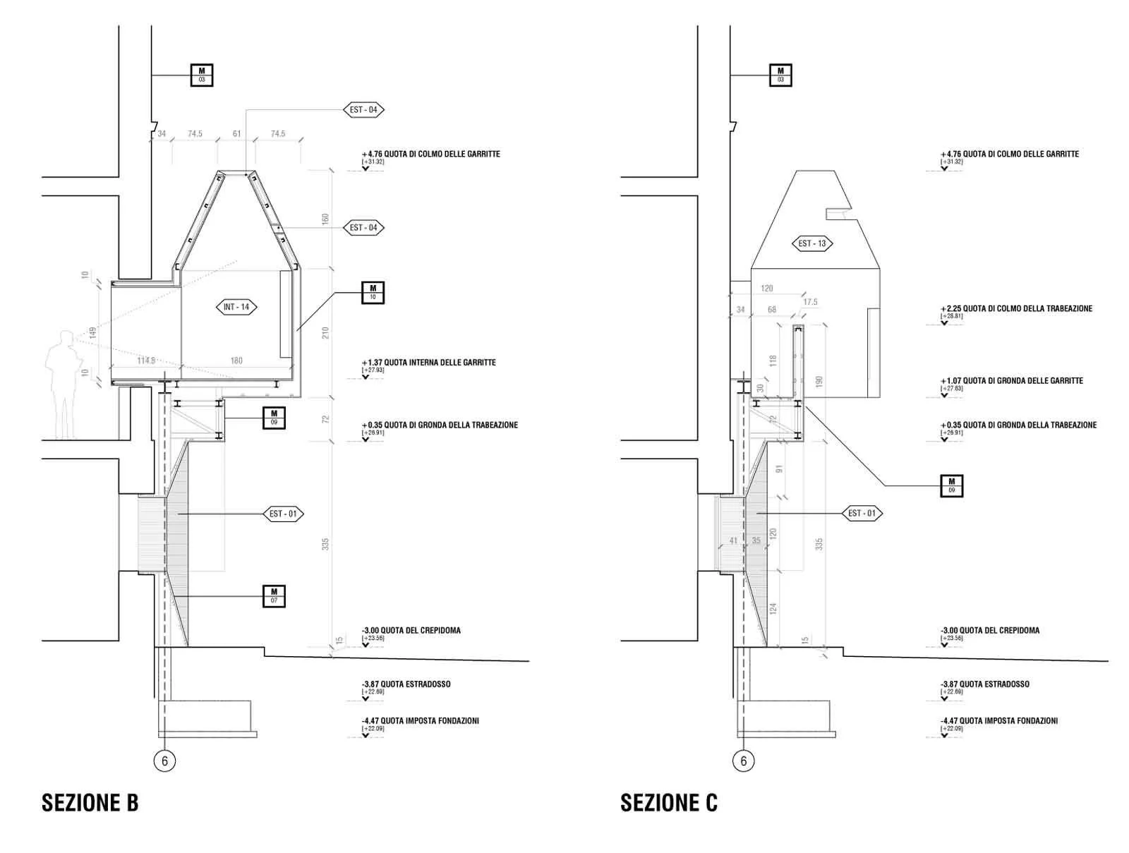 Architectural blueprint showing cross sections of a building with dimensions, levels, and construction details labeled in Italian.