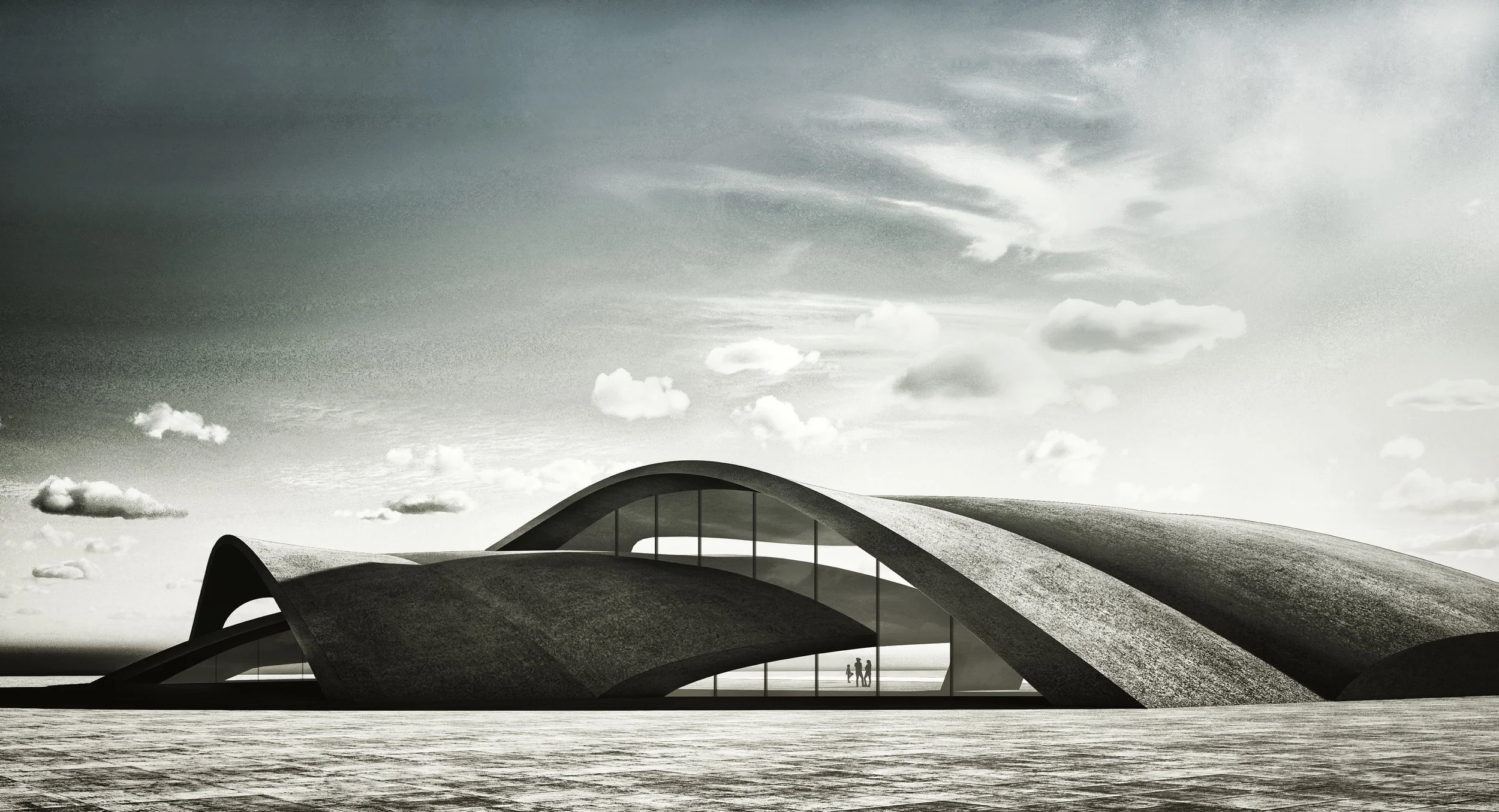 Modern architectural building with curved roof designs and large glass windows, set against a cloudy sky and water in the foreground.