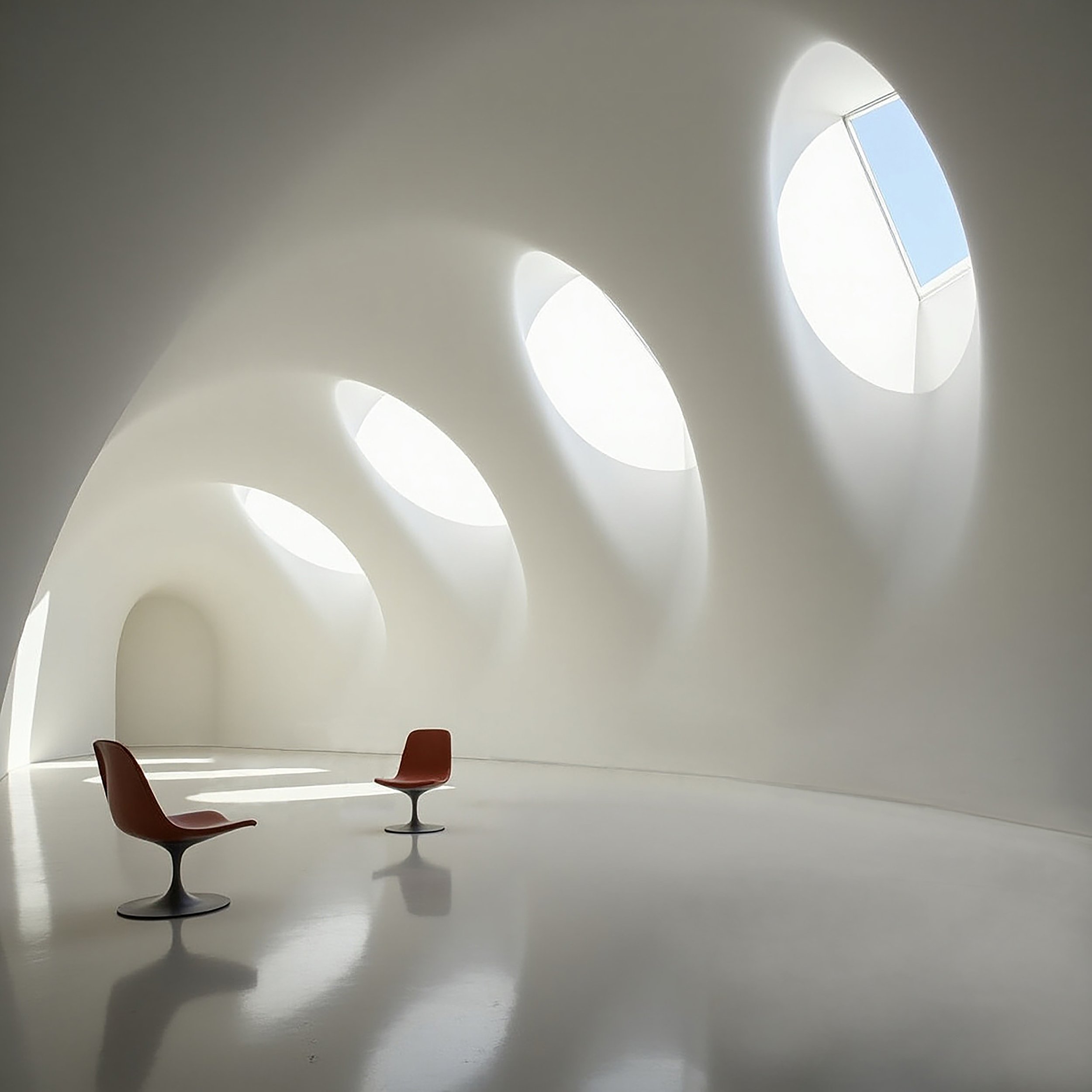 Modern interior space with white curved walls and ceiling, featuring circular windows letting in natural light. There are three red chairs with round bases positioned at different points in the room.