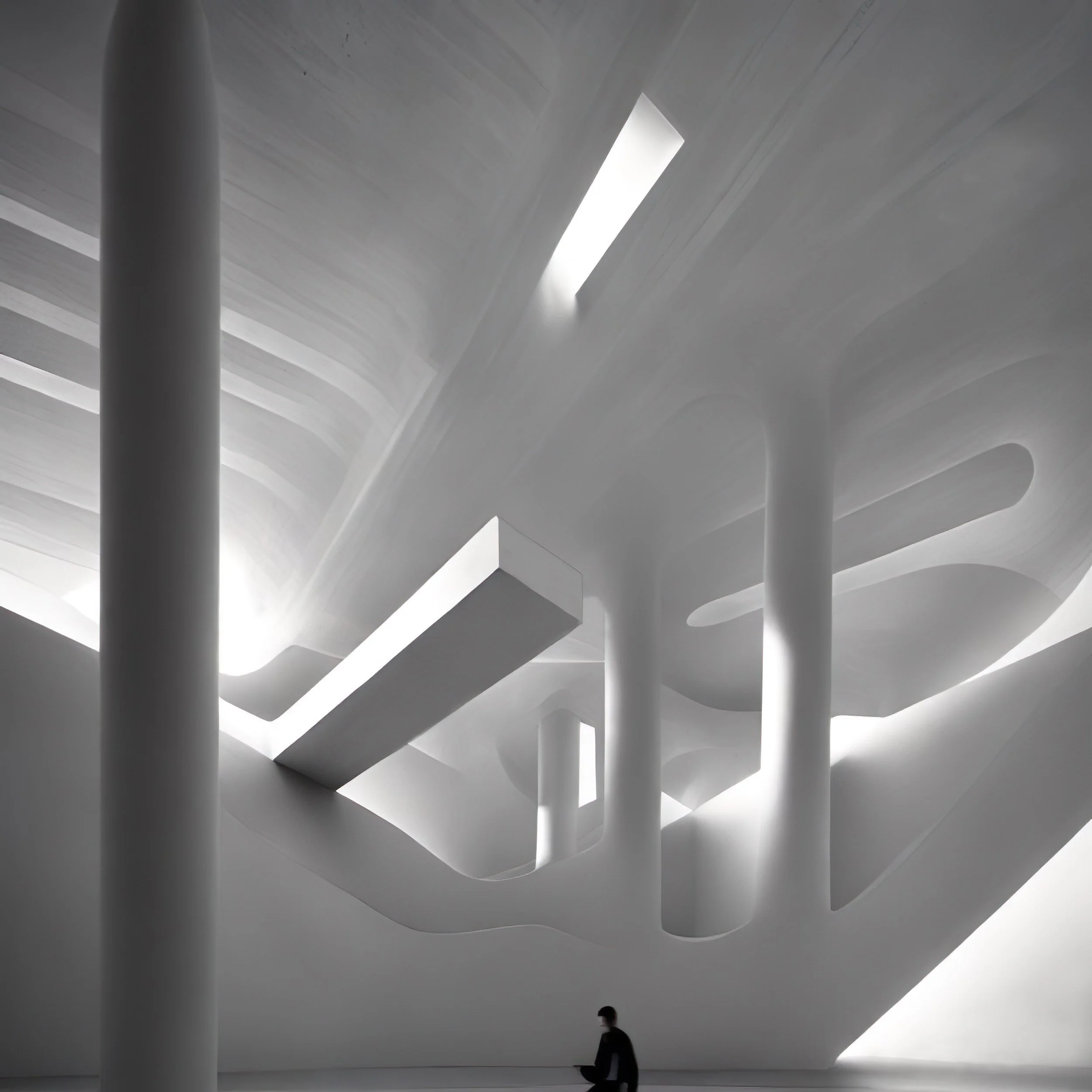 A person sitting on the floor in a modern, minimalist space with white curved walls and ceiling, illuminated by a narrow, bright skylight.