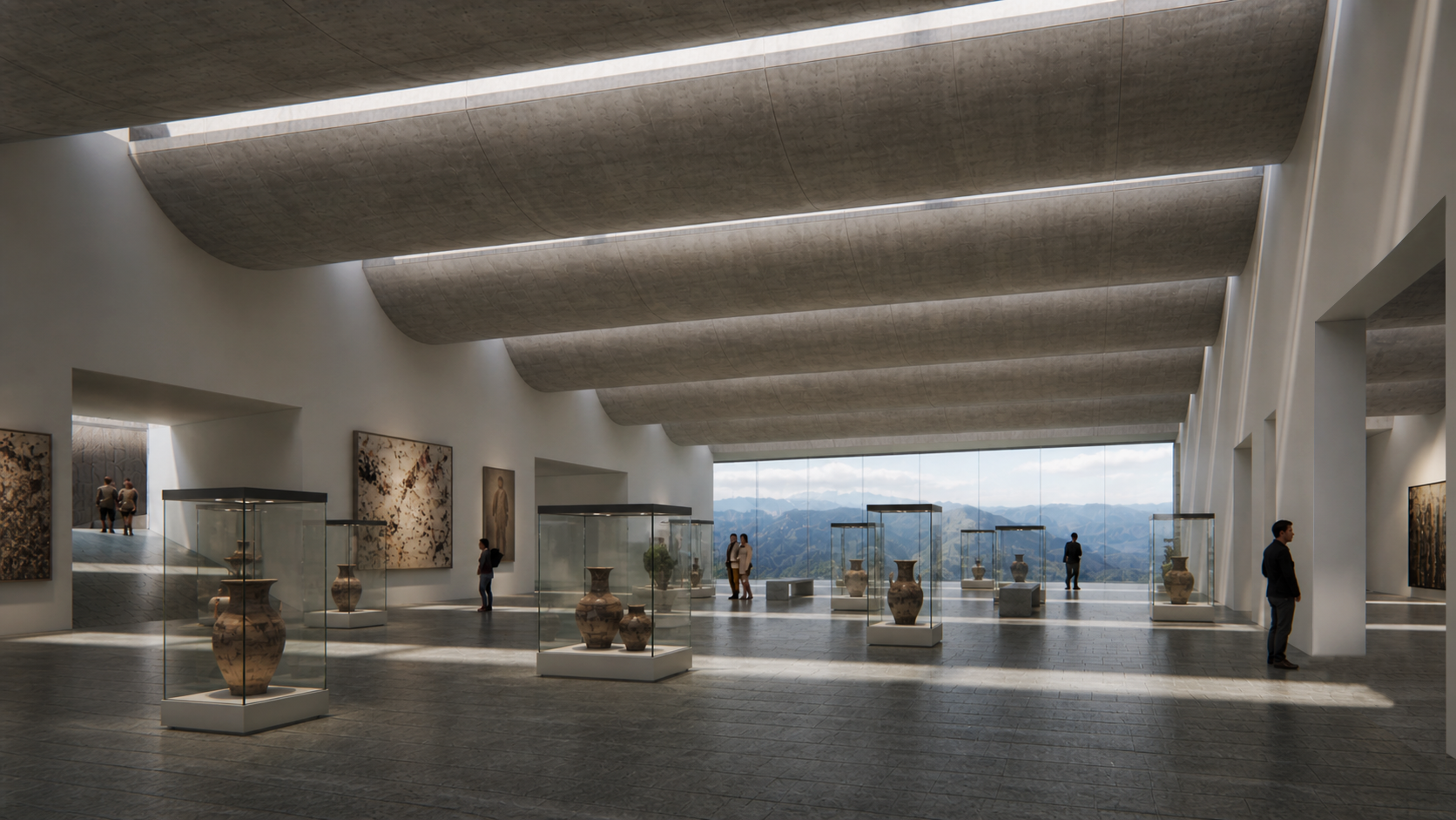Interior of a modern art museum gallery with display cases containing ancient pottery, artwork on walls, and visitors viewing exhibits with a mountain landscape view through large windows.