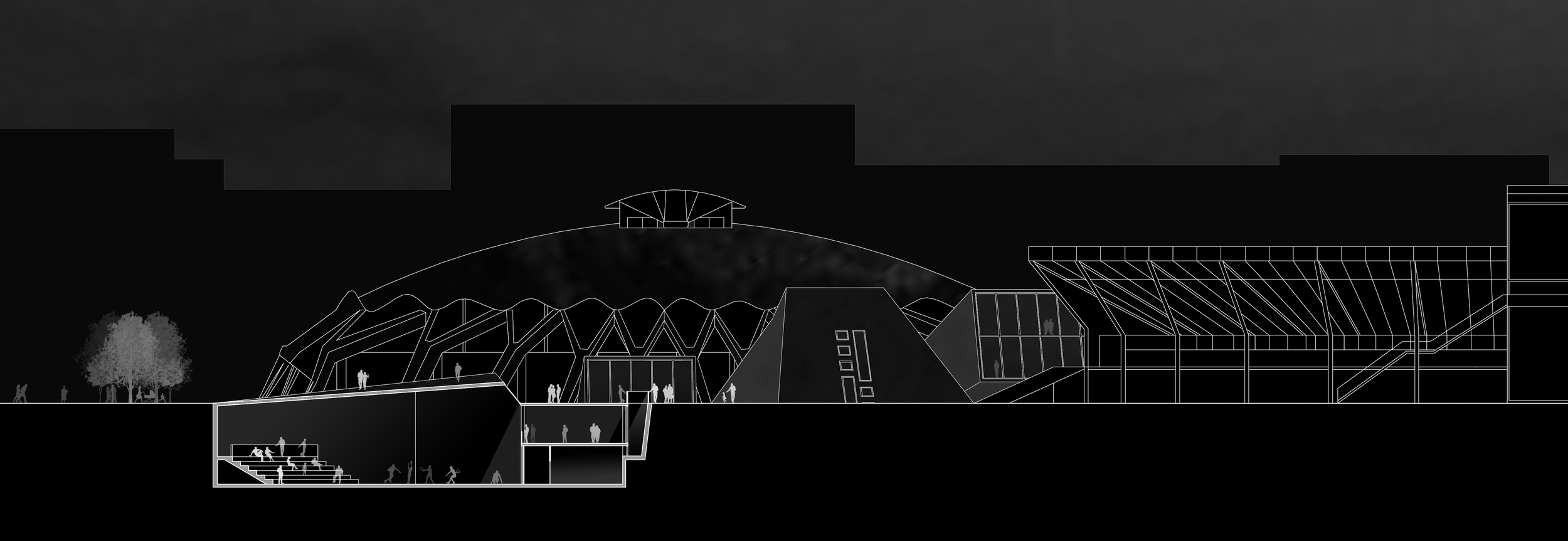 Architectural drawing of a modern building with unique geometric design and multiple levels, including an underground space with stairs and human silhouettes for scale, set against a dark background.
