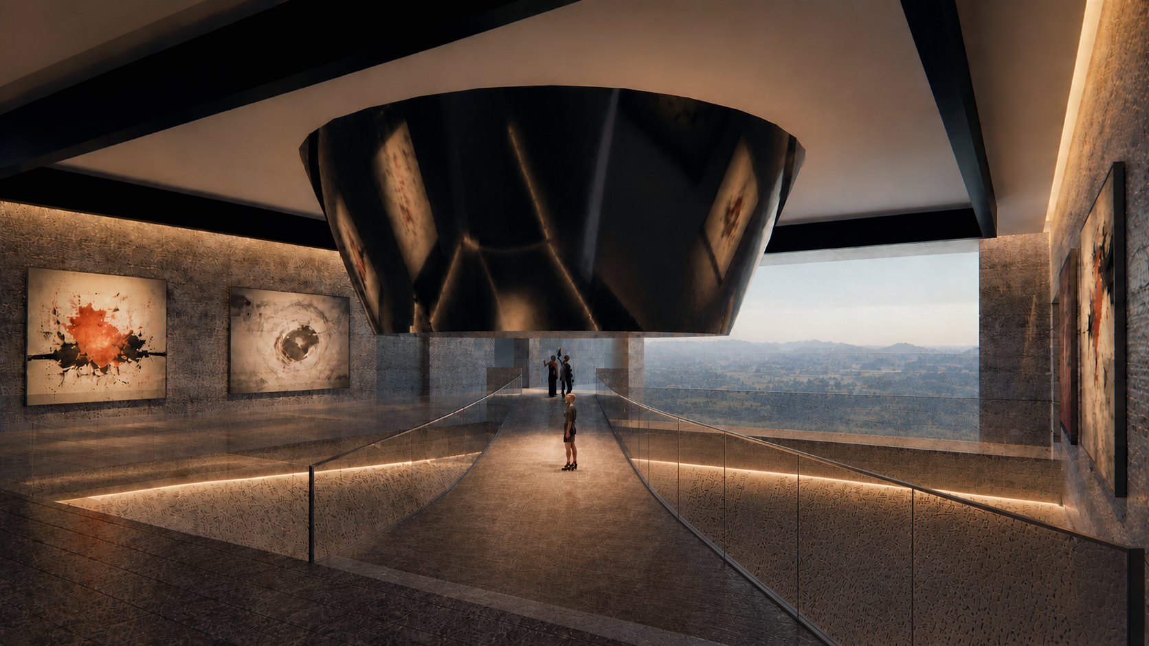 Modern art gallery with paintings on textured walls, a curved walkway with glass railings, and a large metallic cone-shaped sculpture suspended from the ceiling, with a view of a landscape in the background.