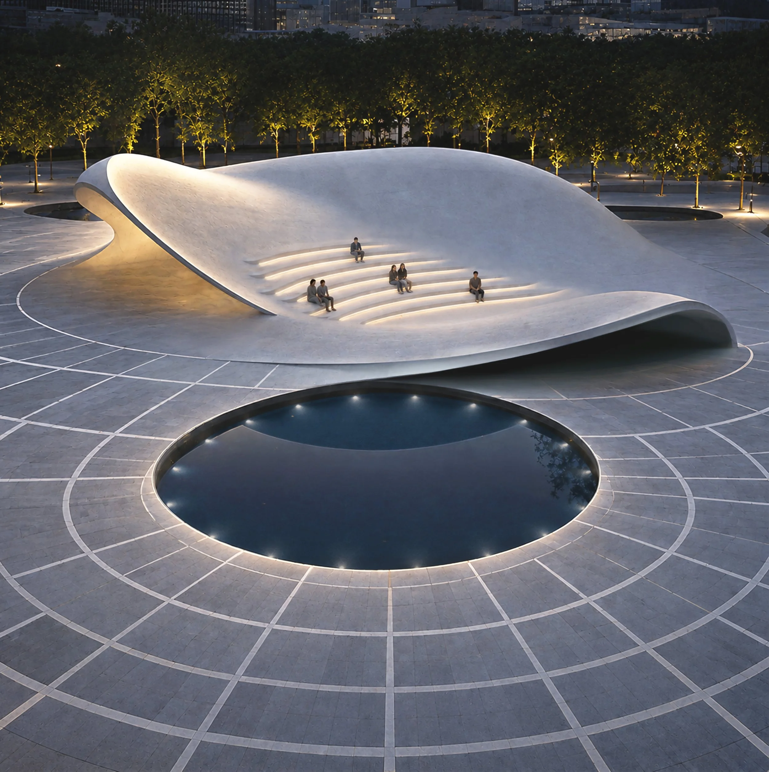 A modern architectural outdoor amphitheater with white curved steps and seating, surrounded by a paved area with round water features, trees with yellow lighting, and city buildings in the background at night.