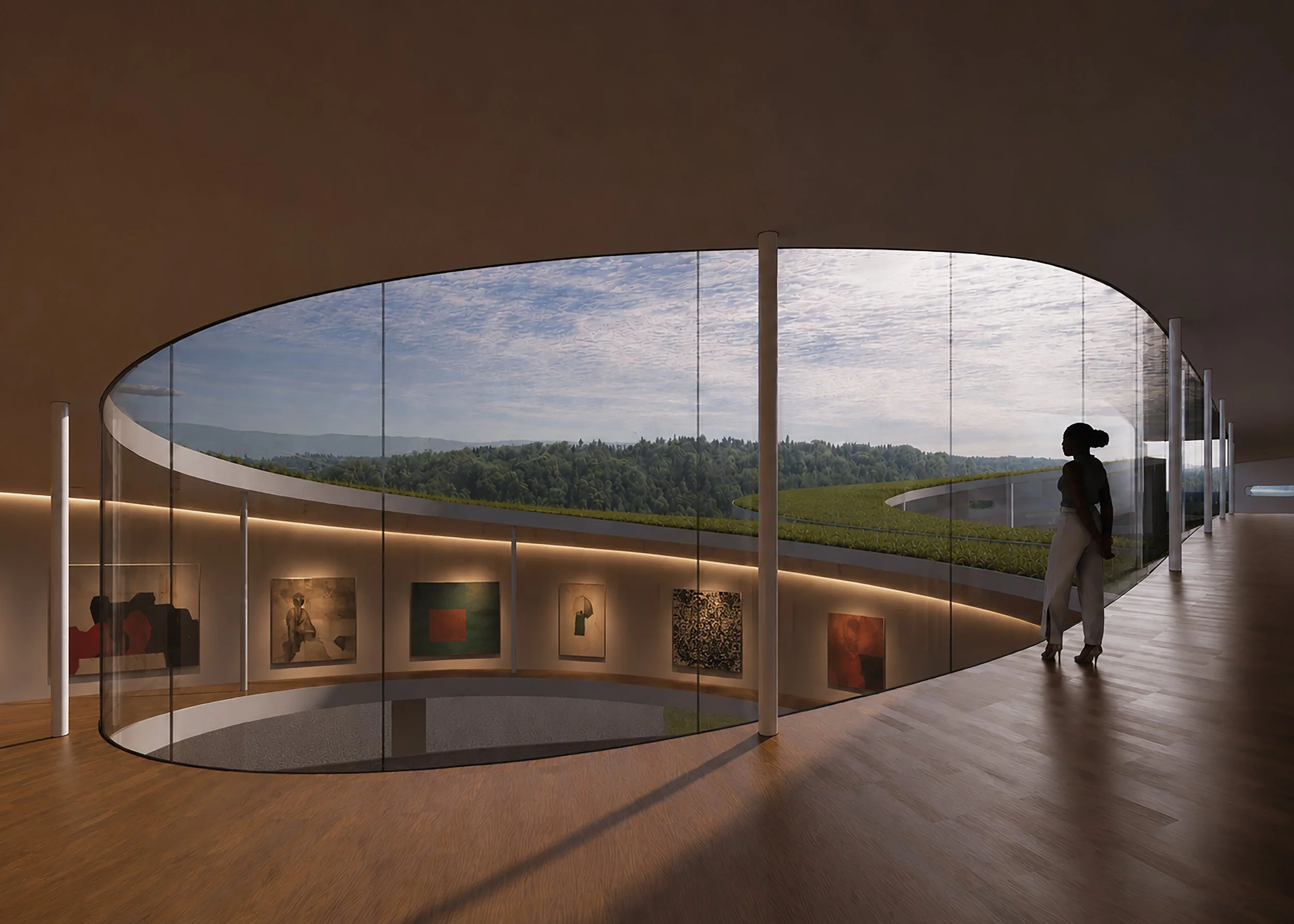 Interior view of an art gallery with large curved windows showing a landscape with mountains and trees. The gallery has framed artwork on the lower walls and a woman standing and admiring the art, dressed in a white outfit.