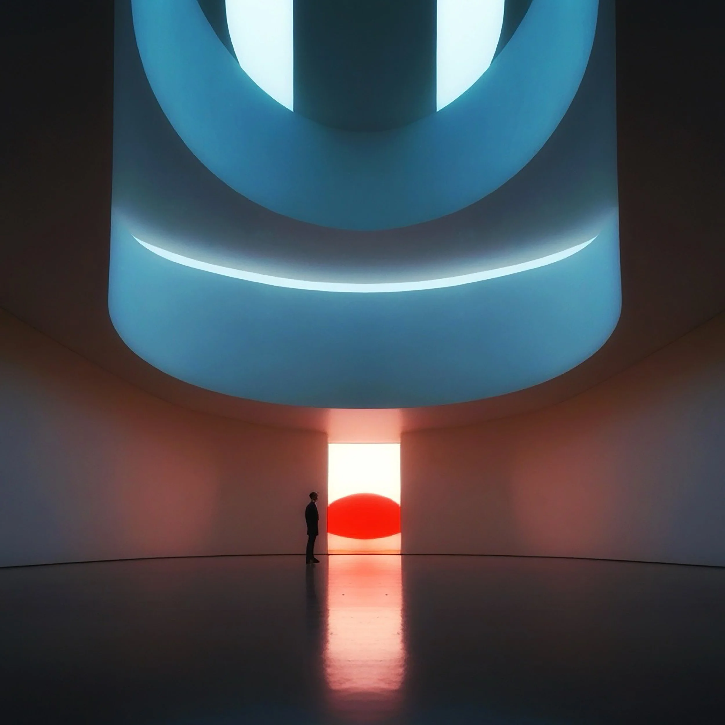 A dark room with a large abstract art installation featuring curved illuminated shapes in blue and white, with a red spherical object on the floor and two silhouetted figures observing the artwork.