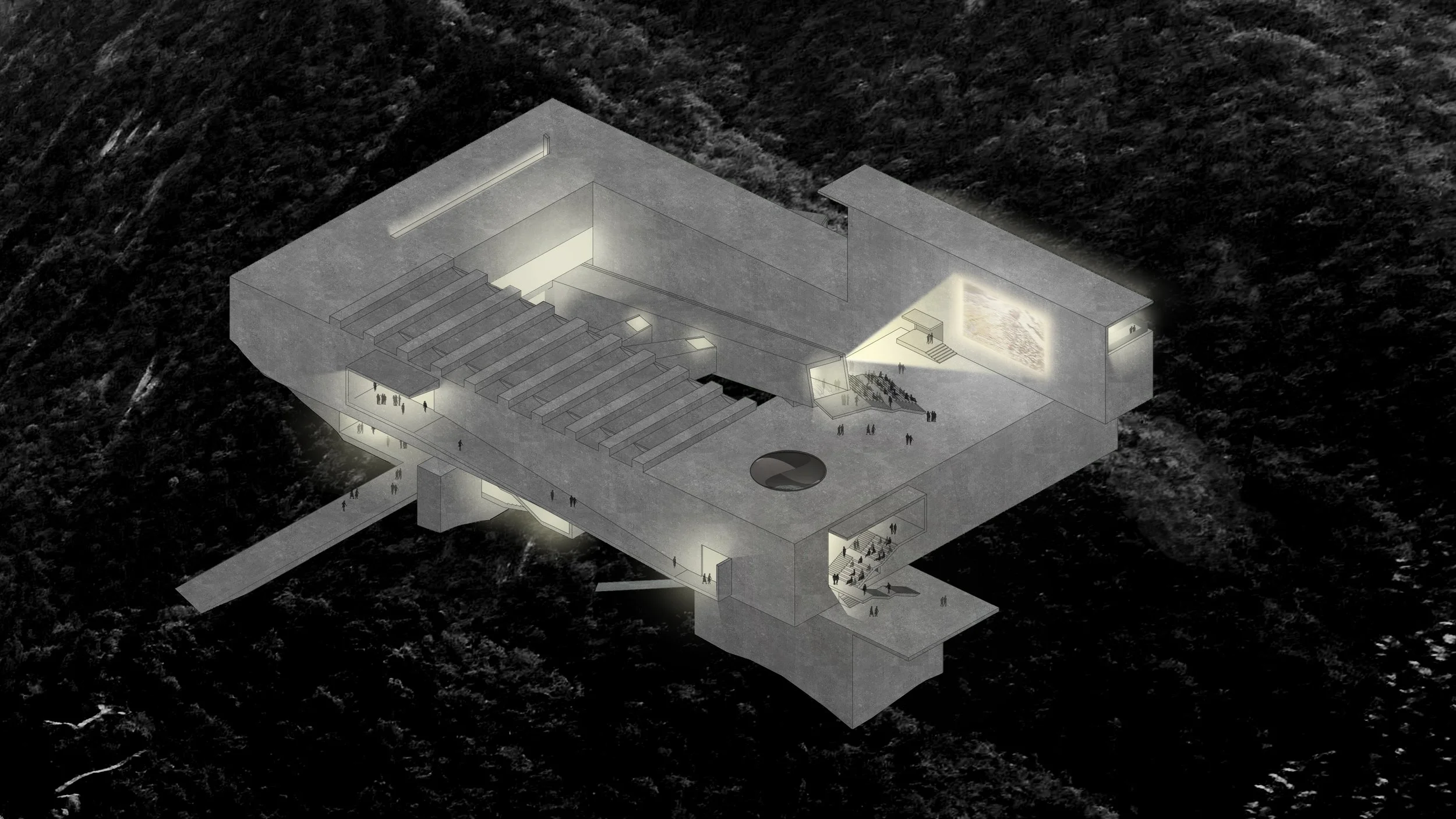A modern, multi-level architectural building with outdoor stairs, open spaces, and illuminated interior areas surrounded by a dark landscape.