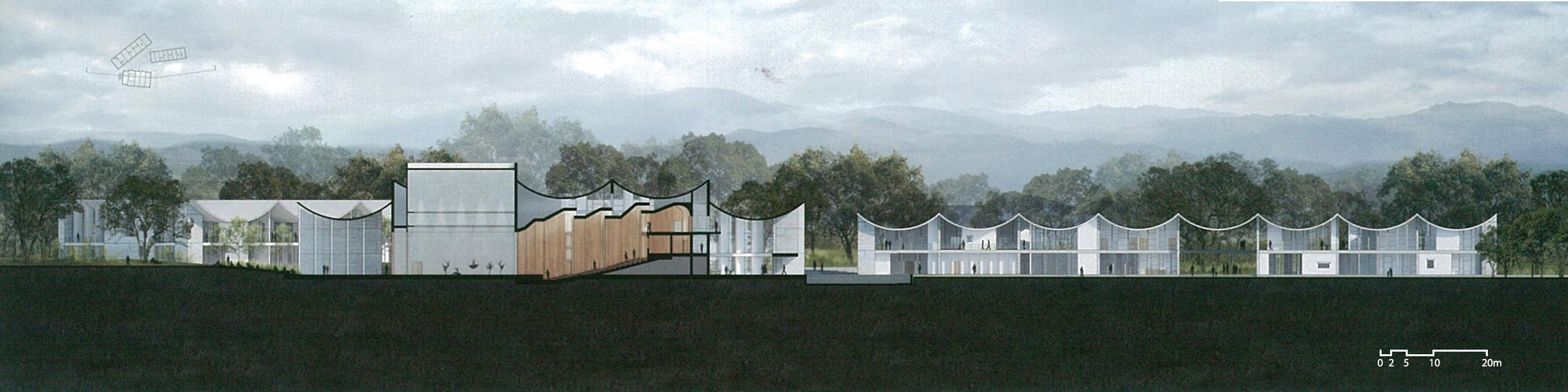 Architectural cross-section of a modern building complex with curved rooflines, surrounded by trees and mountains in the background.