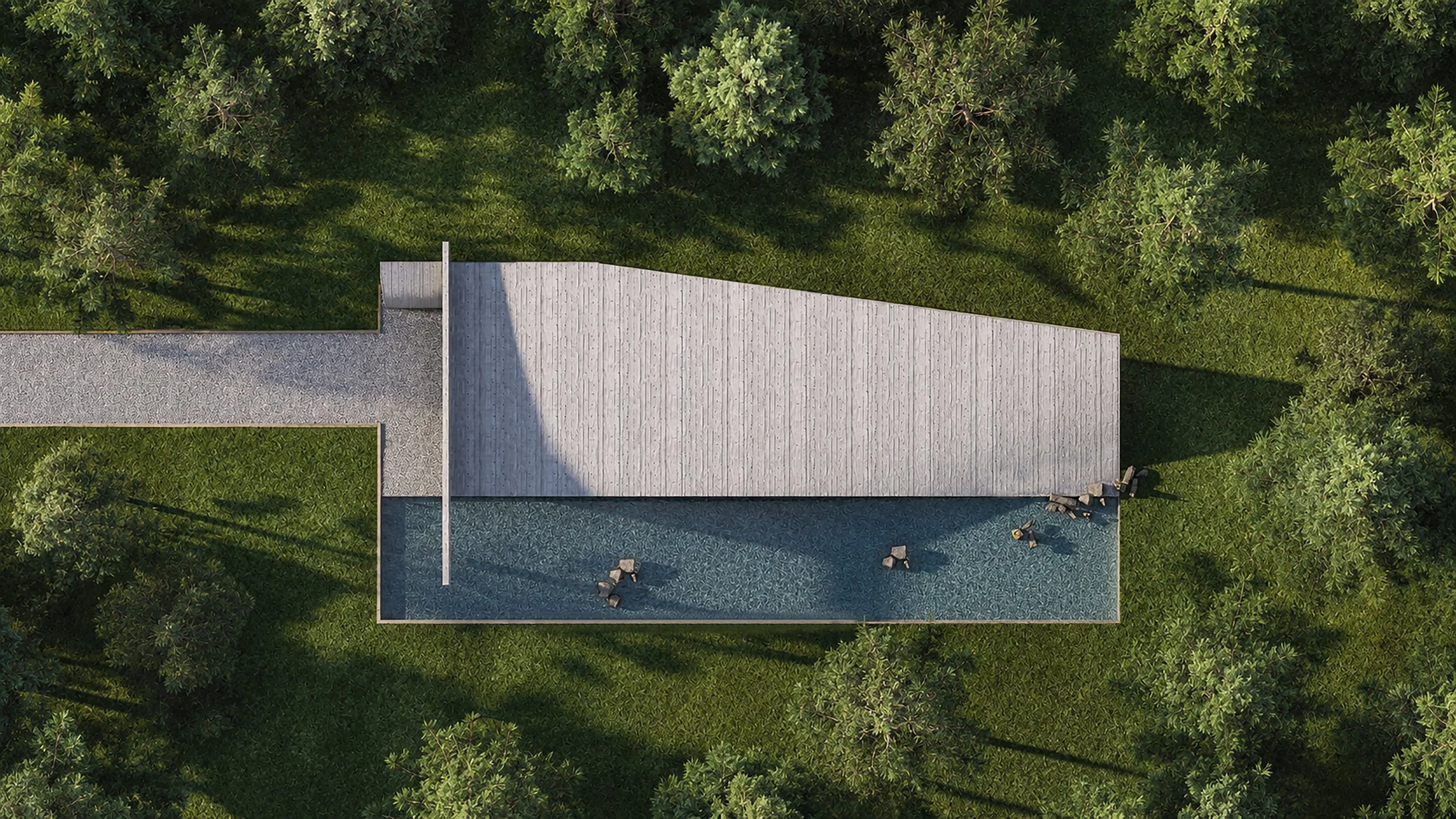 Aerial view of a modern house with a curved roof, surrounded by green trees and landscaped grassy areas. A pathway leads to the house, and a small water feature with rocks is nearby.