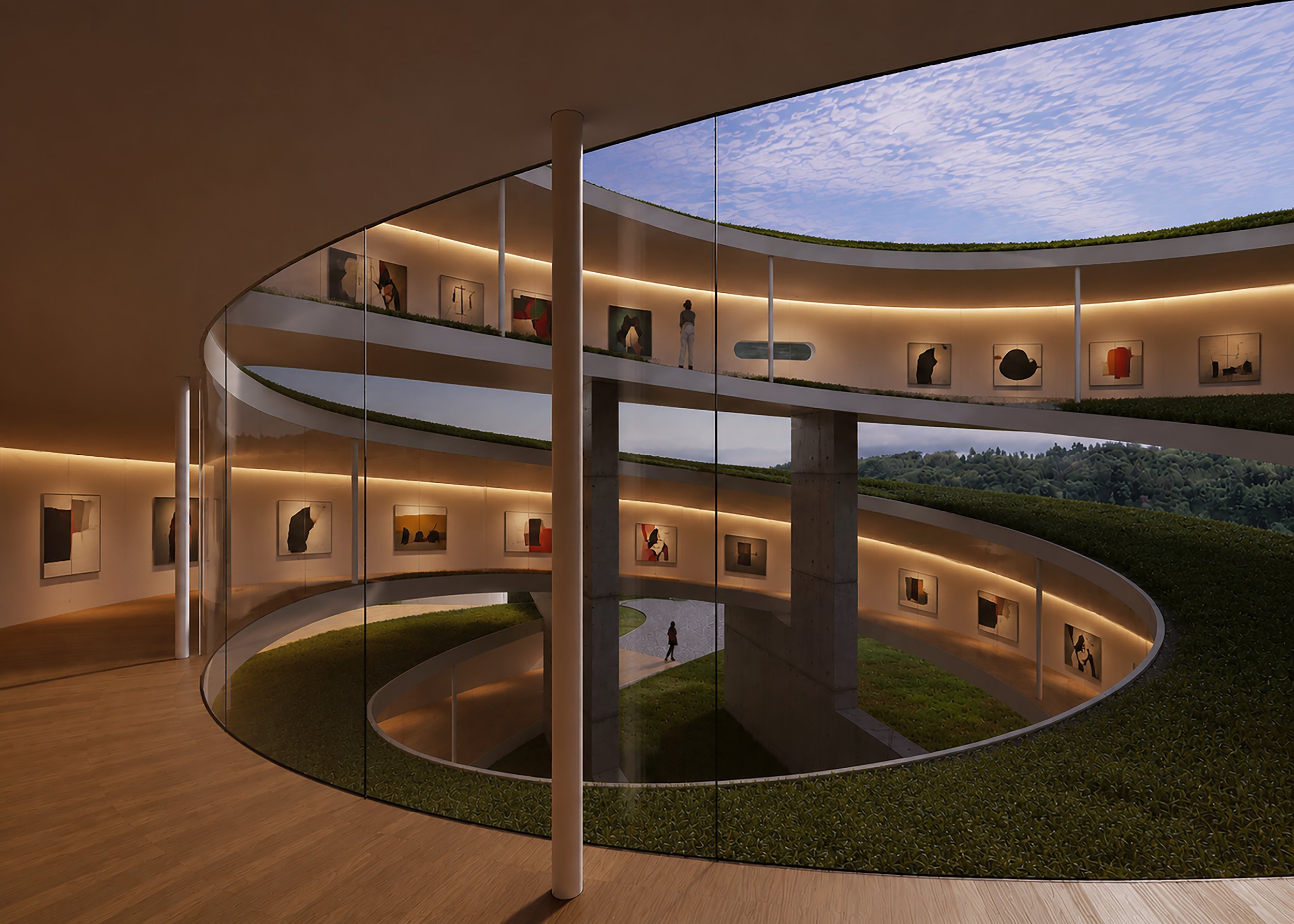 Interior view of a modern multi-level art gallery with curved balcony walls displaying various artworks. The ceiling has an opening with a view of a partly cloudy sky. There are a few people observing the art, and the gallery is lit with warm lighting.