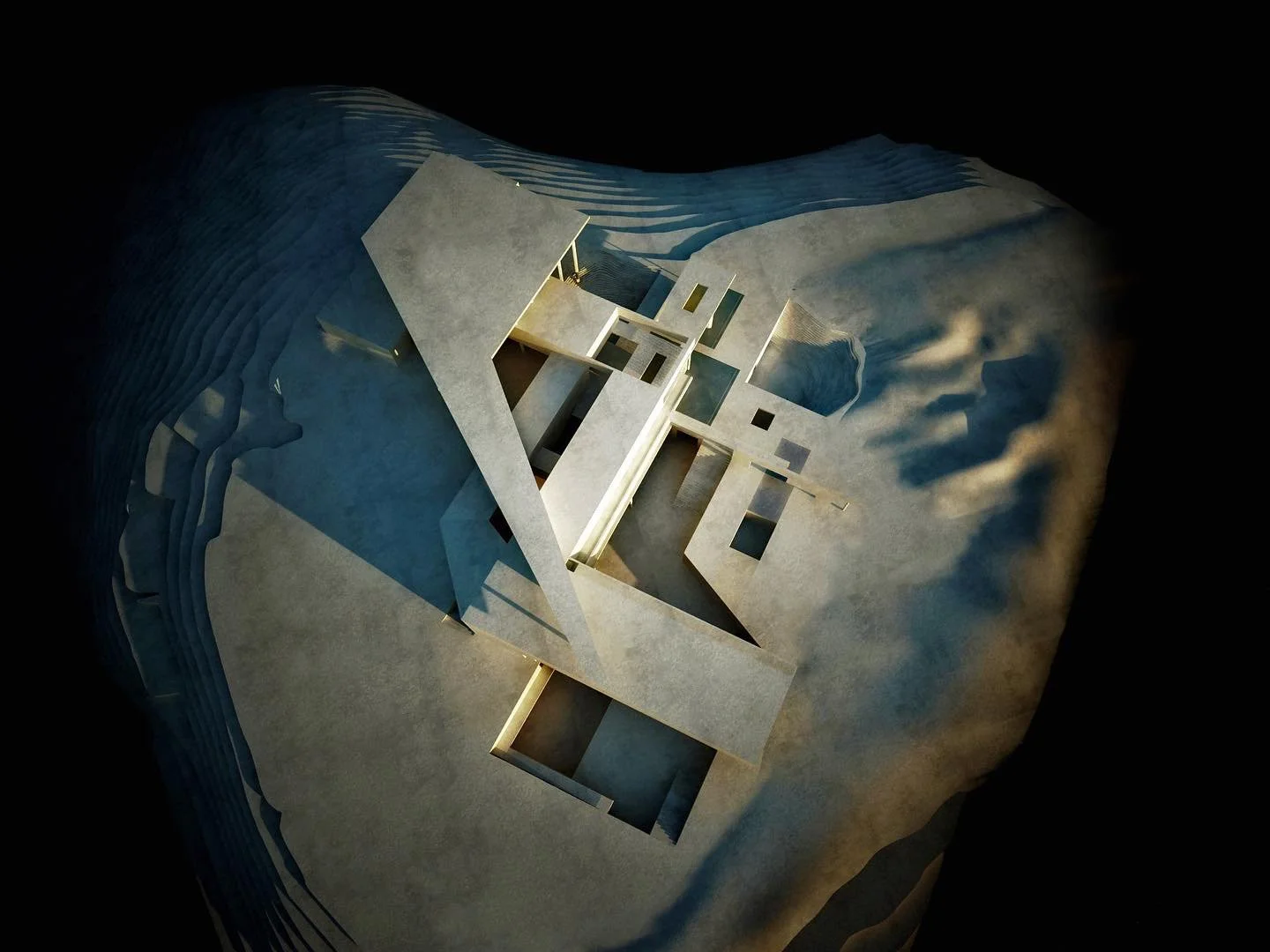 Architectural model of a modern house with angular design, set on a rocky, layered terrain, with shadows highlighting the geometric structure.