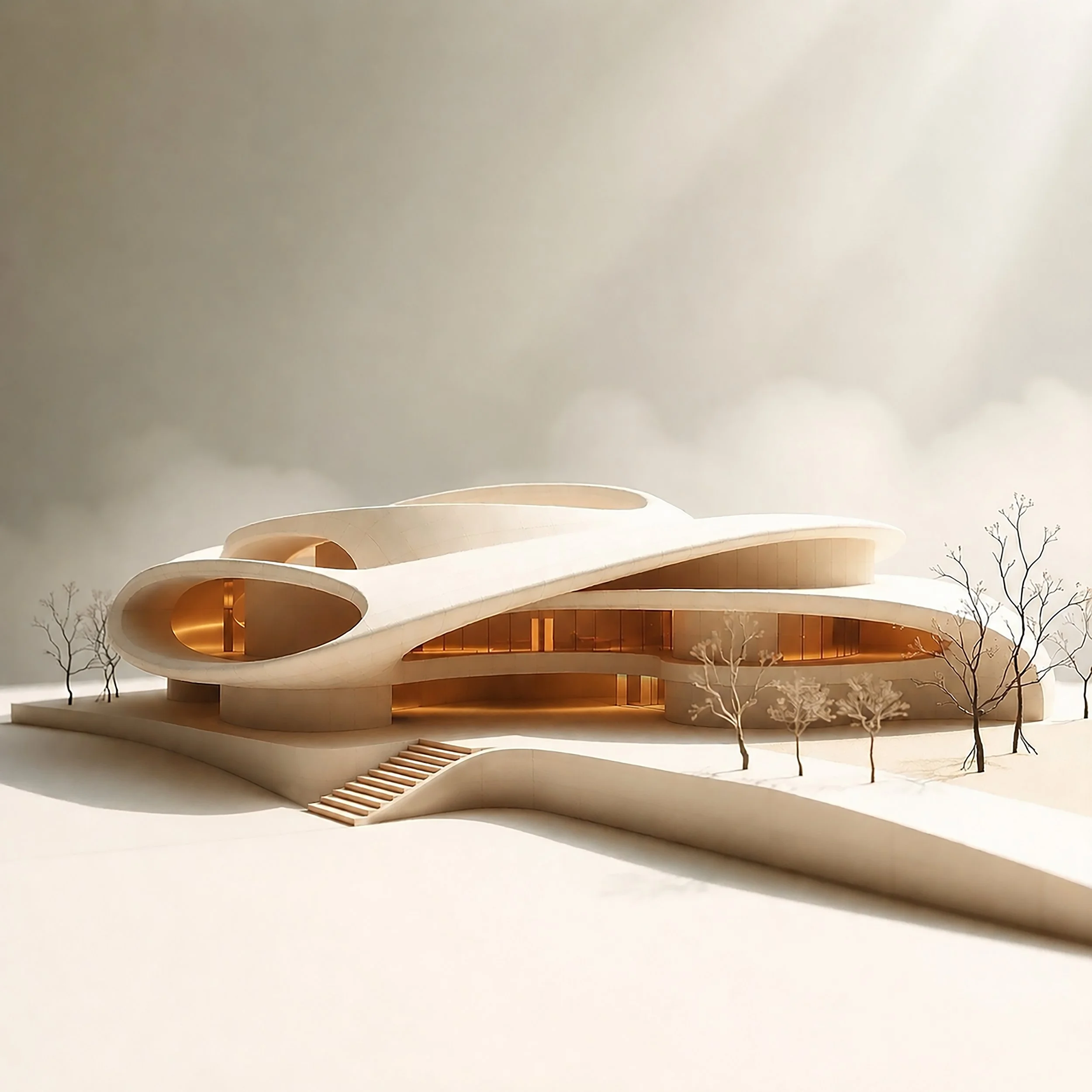 A modern architectural building with flowing, organic shapes, illuminated with warm lighting, surrounded by leafless trees and a minimalist landscape setting.