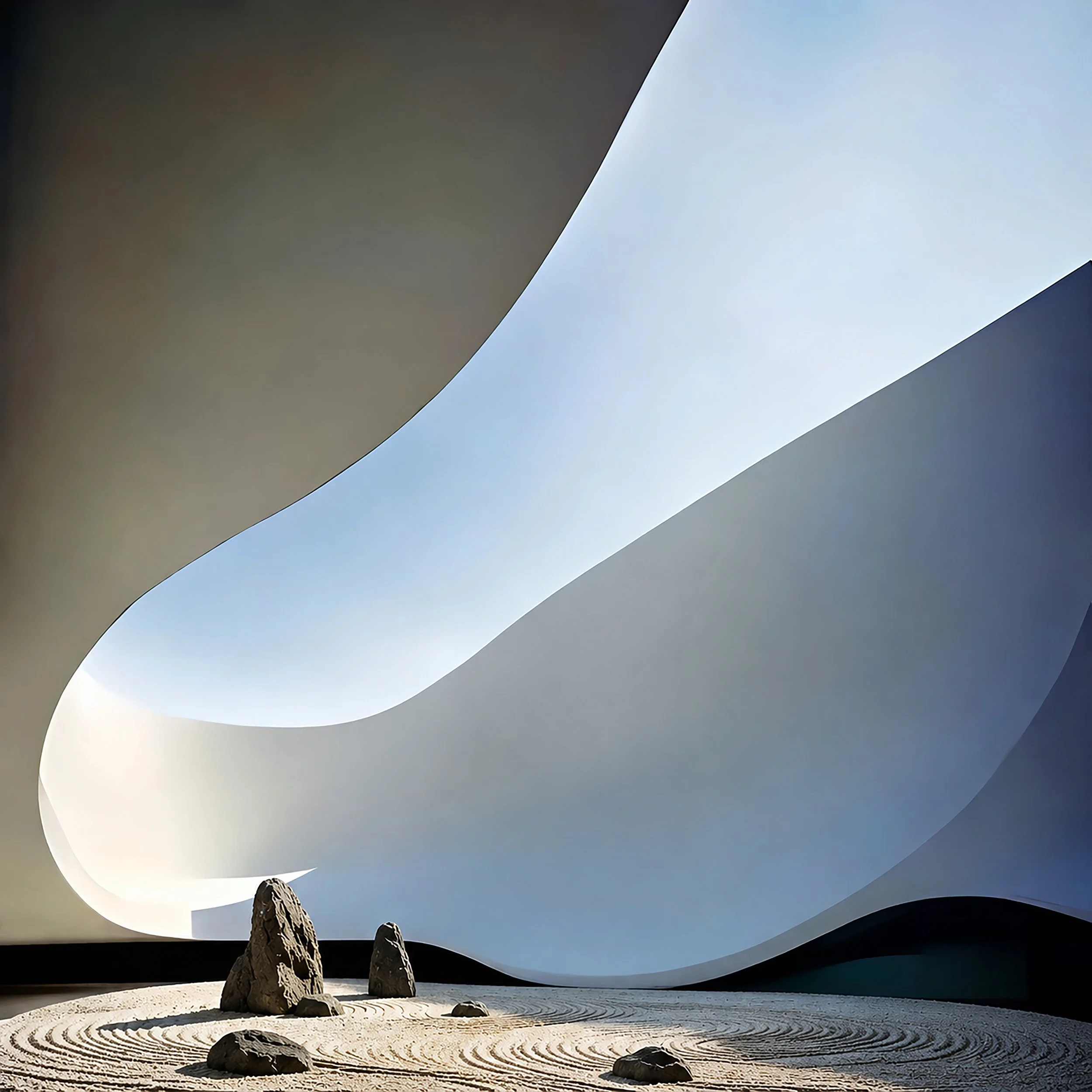 Architectural view of a building with white, curving, layered walls and a blue sky in the background. The building is surrounded by a sand landscape with several stones and a large rock formation in the foreground.