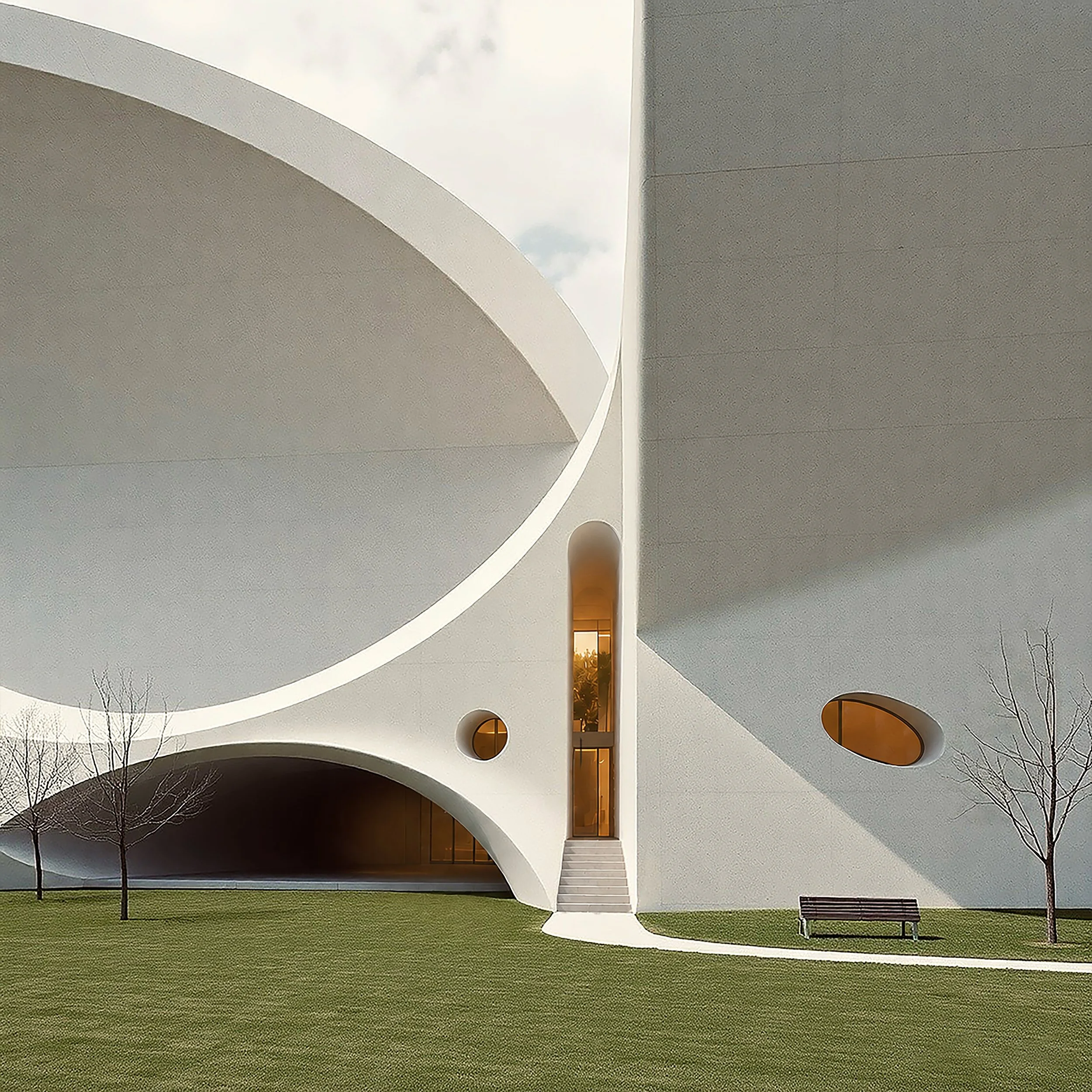 Modern building with curved white exterior walls, oval windows, and a staircase in the front, surrounded by green grass and leafless trees.