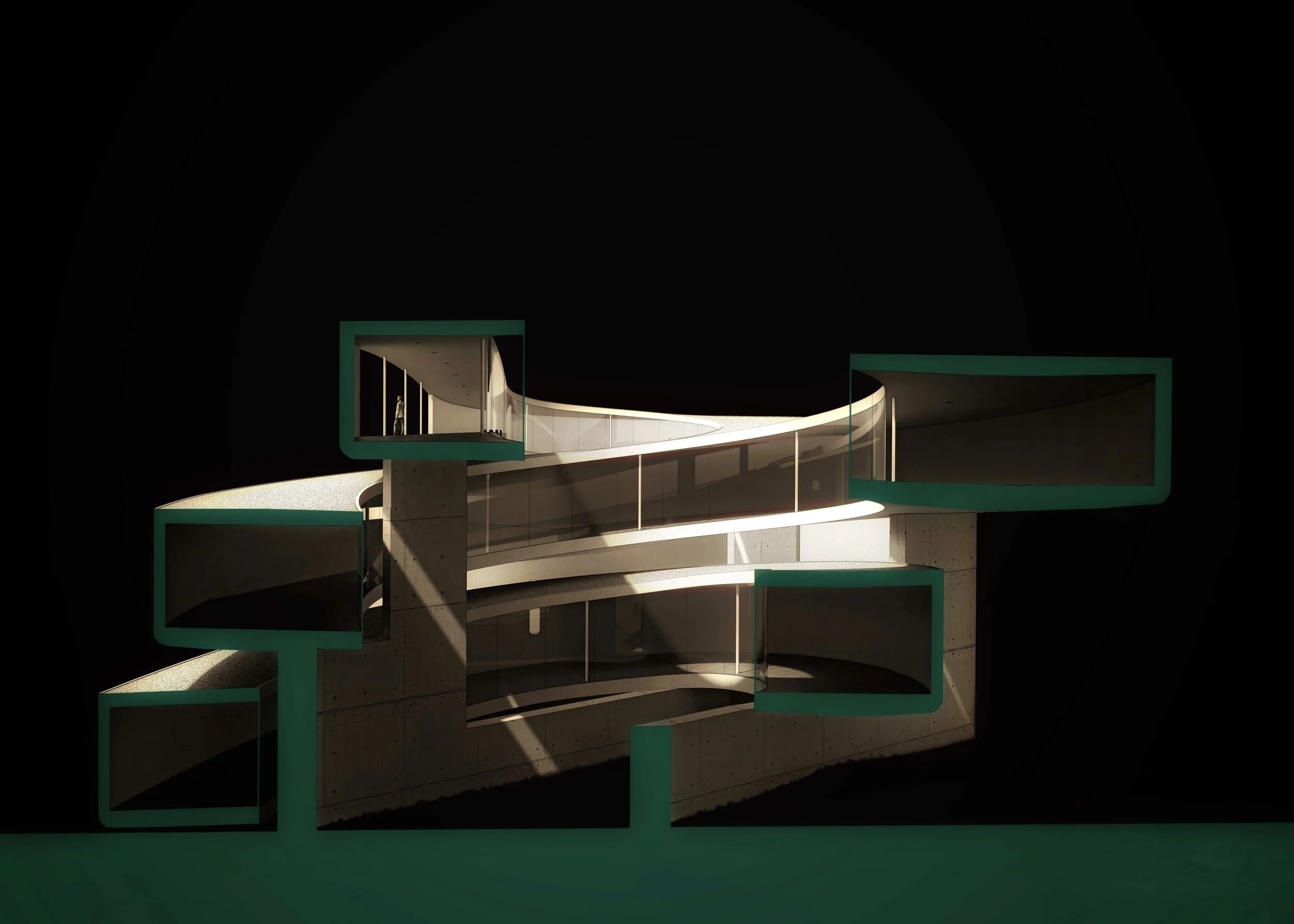 Modern architectural model of a curved building with glass walls, set against a black background. The structure features rounded balconies and vertical supports, with a person visible inside the building.