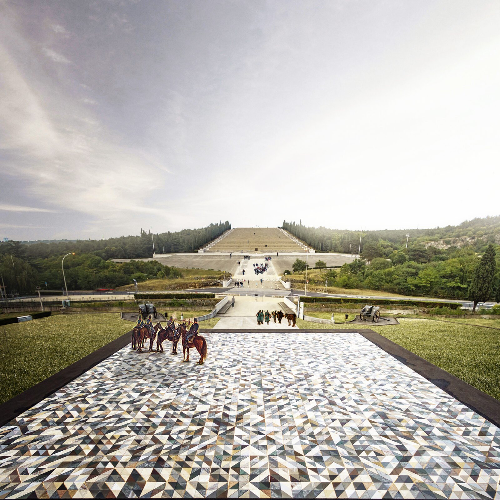 View of the Aztec Pyramid of the Sun at Teotihuacan with a decorative tiled pathway in the foreground, and visitors walking around.
