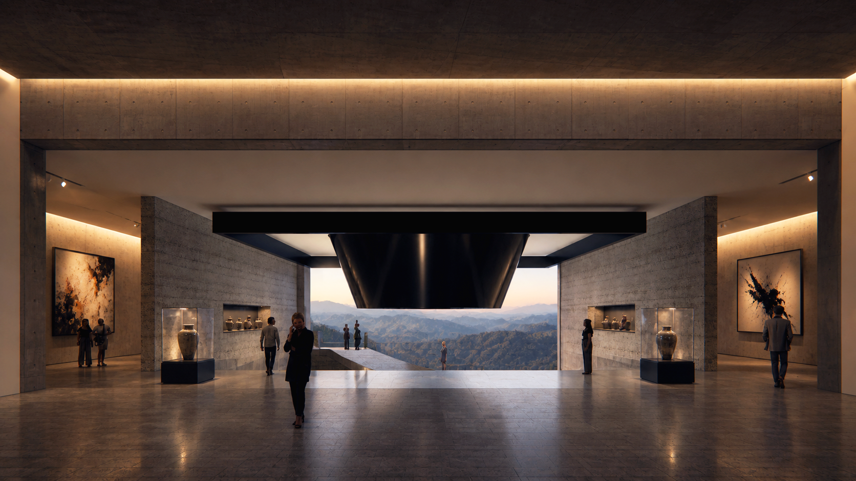 Modern art museum interior with large black rectangular sculpture hanging from the ceiling, visitors viewing artwork and scenic mountain view through open walls.