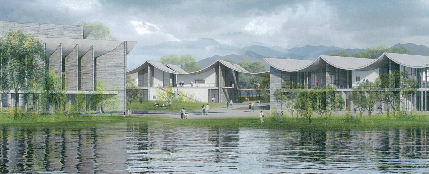 Architectural rendering of modern buildings with curved roofs near a body of water, with trees and mountains in the background, and people walking and gathering outdoors.