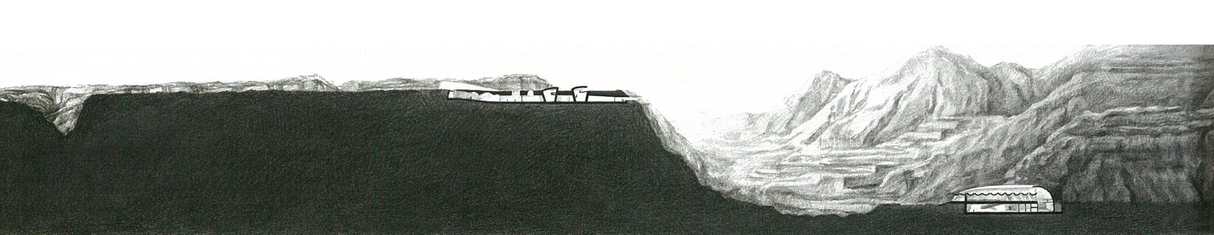 A grayscale drawing of a mountainous landscape with a cliff on the left, a small structure on top of the cliff, and a larger structure in the valley on the right.