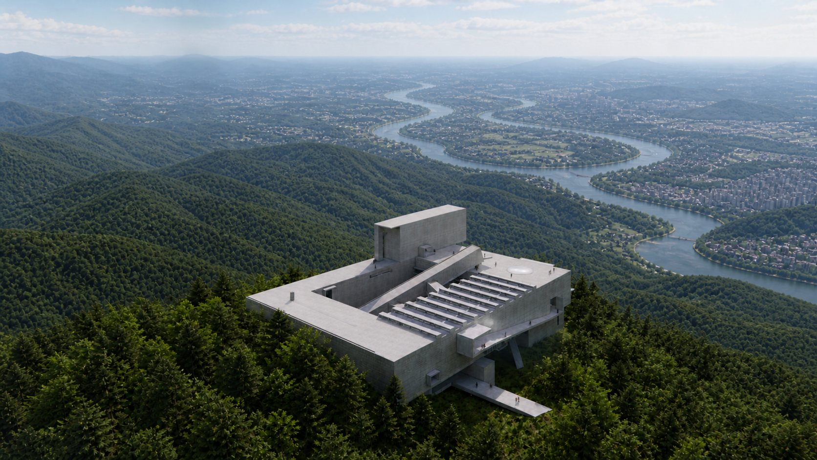 Modern concrete building on a green mountain overlooking a winding river and cityscape.