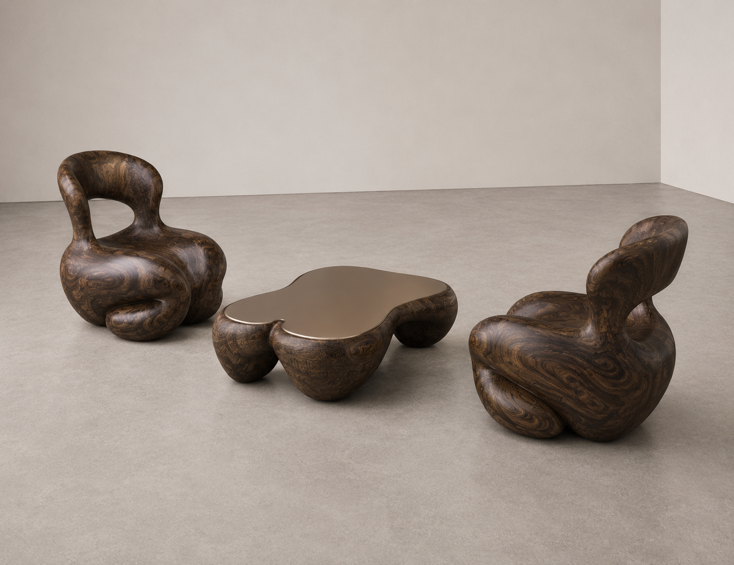 Three contemporary furniture pieces: two matching uniquely shaped chairs with dark wood grain and a glossy surface, and a matching irregularly shaped coffee table with similar dark wood grain and a reflective top, set on a neutral-toned floor against a plain light-colored wall.