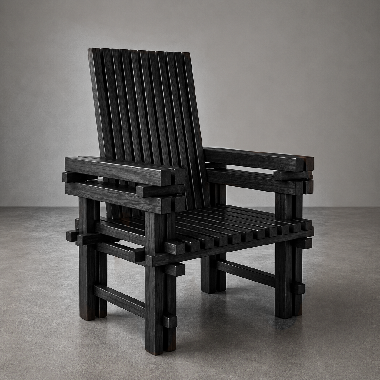 A black wooden Adirondack chair with broad armrests, set against a neutral gray background and floor.