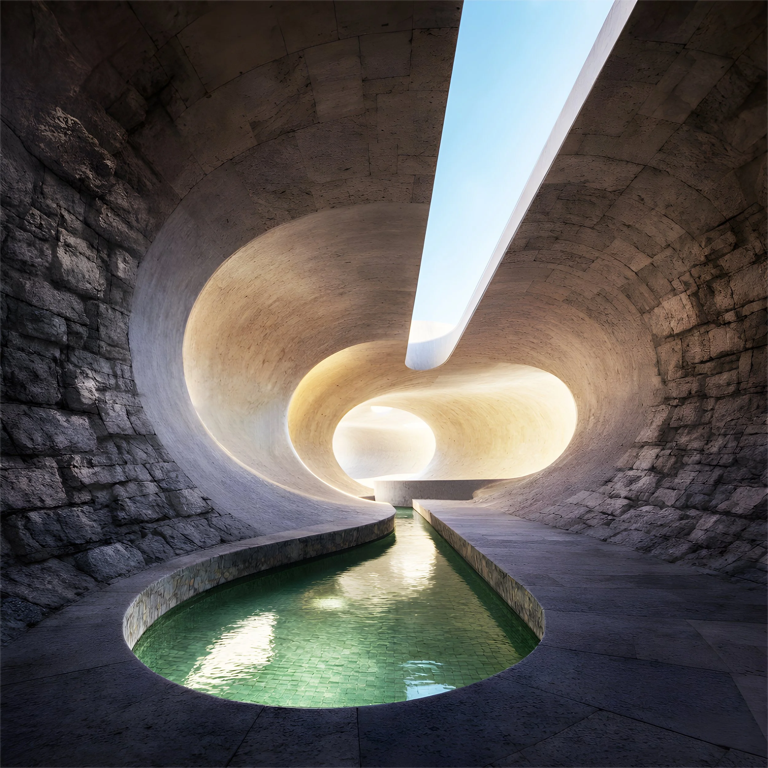 View looking up through a circular stone structure with a blue sky overhead and a pool of water at the bottom.