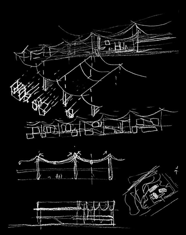 Sketch of a building or construction plan with multiple views and structural details, including a top view, elevation, and site plan, drawn with white lines on a black background.