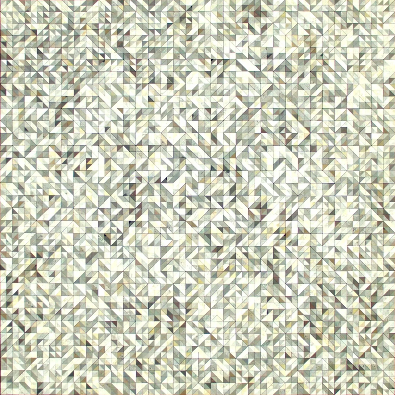 A geometric pattern consisting of small triangles, squares, and other polygon shapes in various shades of beige, white, and light gray, forming an intricate mosaic design.