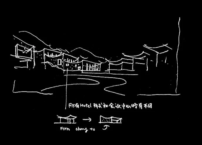 Sketch of a modern hotel with a winding river in front, and small illustrations of a pavilion and a building with a caption indicating they are from changing to a different style.