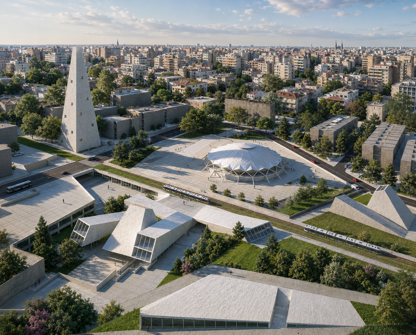 Aerial view of a cityscape featuring modern buildings, a large white geodesic dome, a triangular pyramid structure, a tall white cone-shaped tower, green trees, and a train passing through a park area.