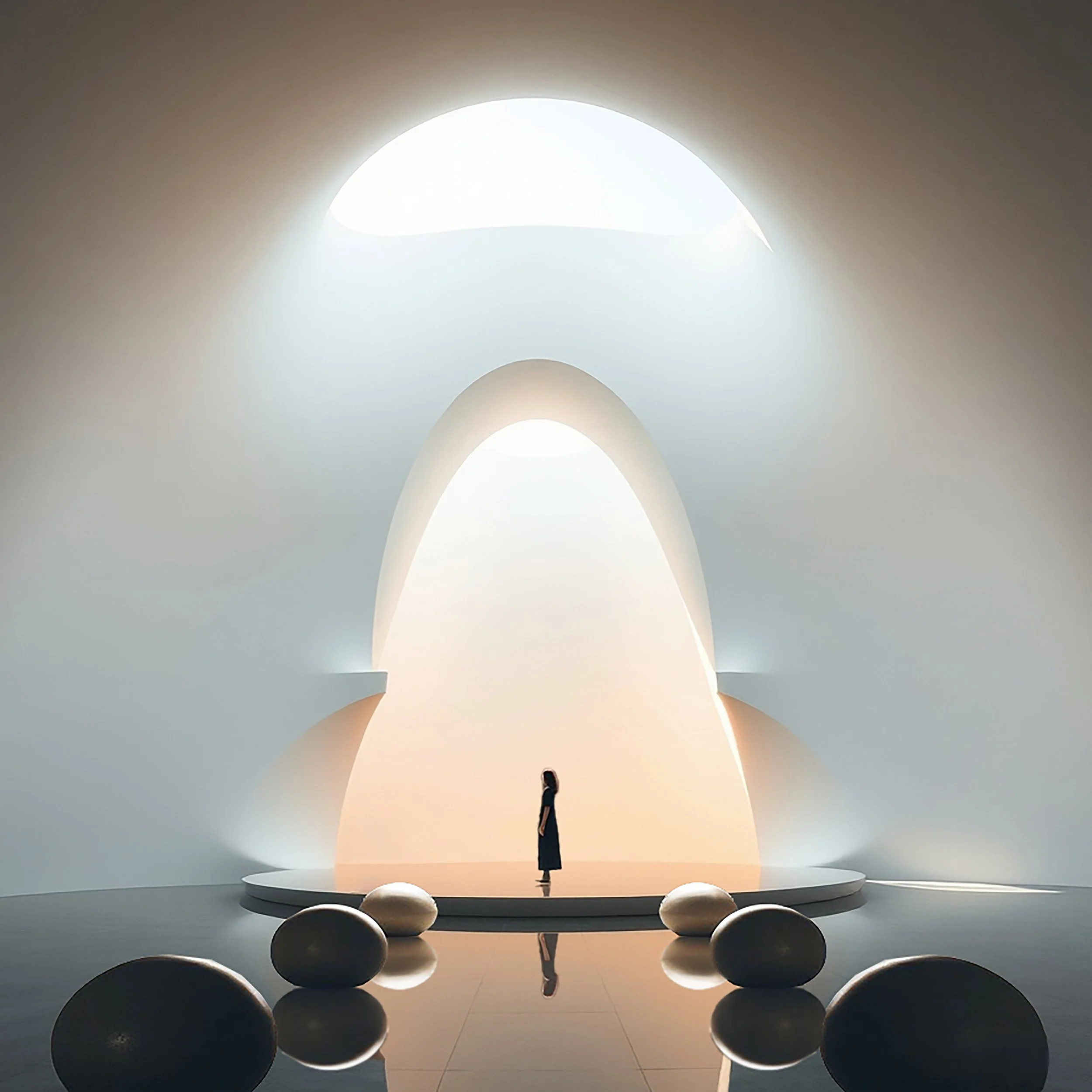 A person stands in front of a large, illuminated architectural installation with curved white arches and a bright light source behind. Several spherical objects are arranged on the floor in front of the installation.