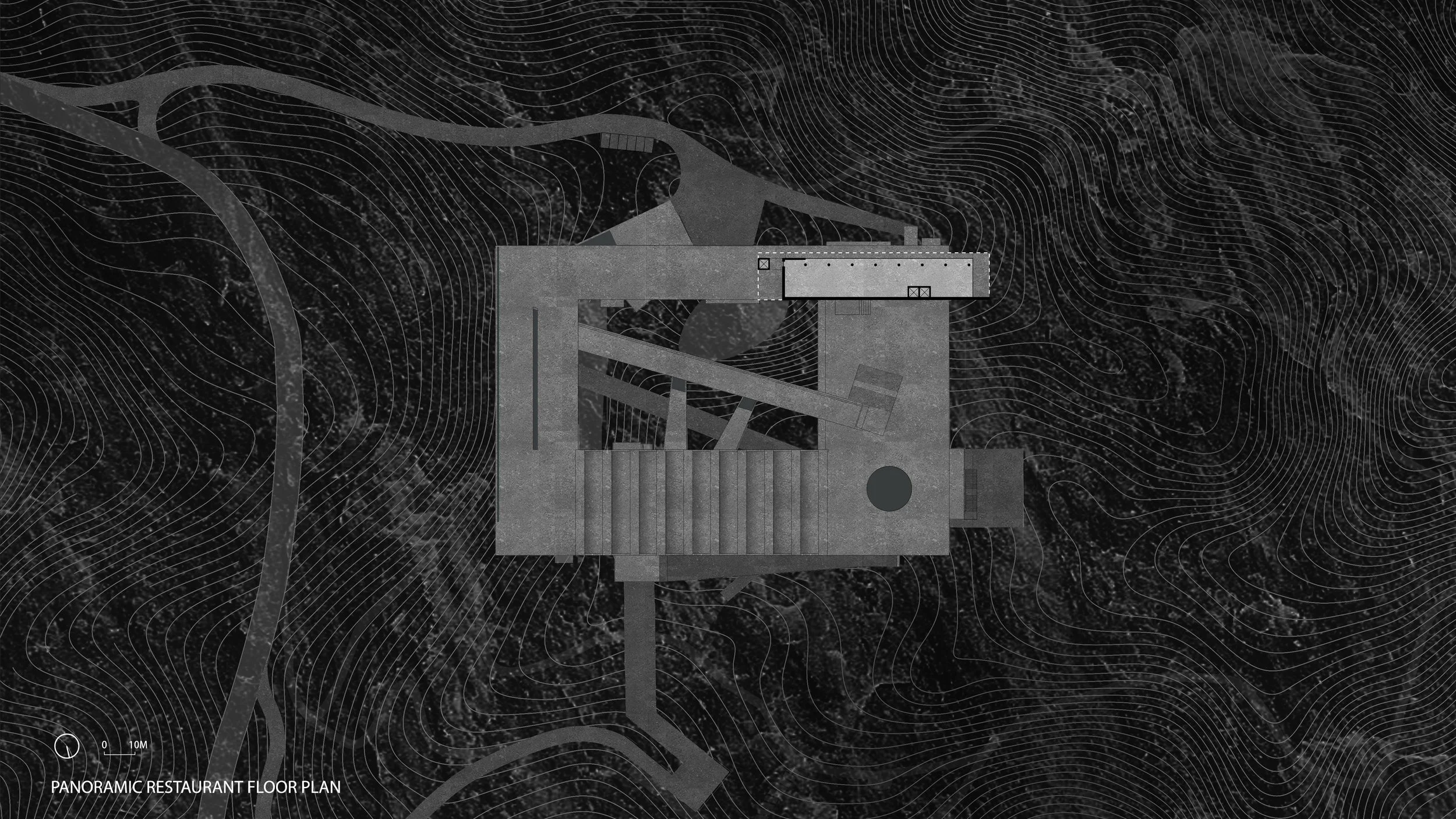 Architectural floor plan of a panoramic restaurant with multiple levels, pathways, and structural elements, overlaid on topographic map with contour lines.