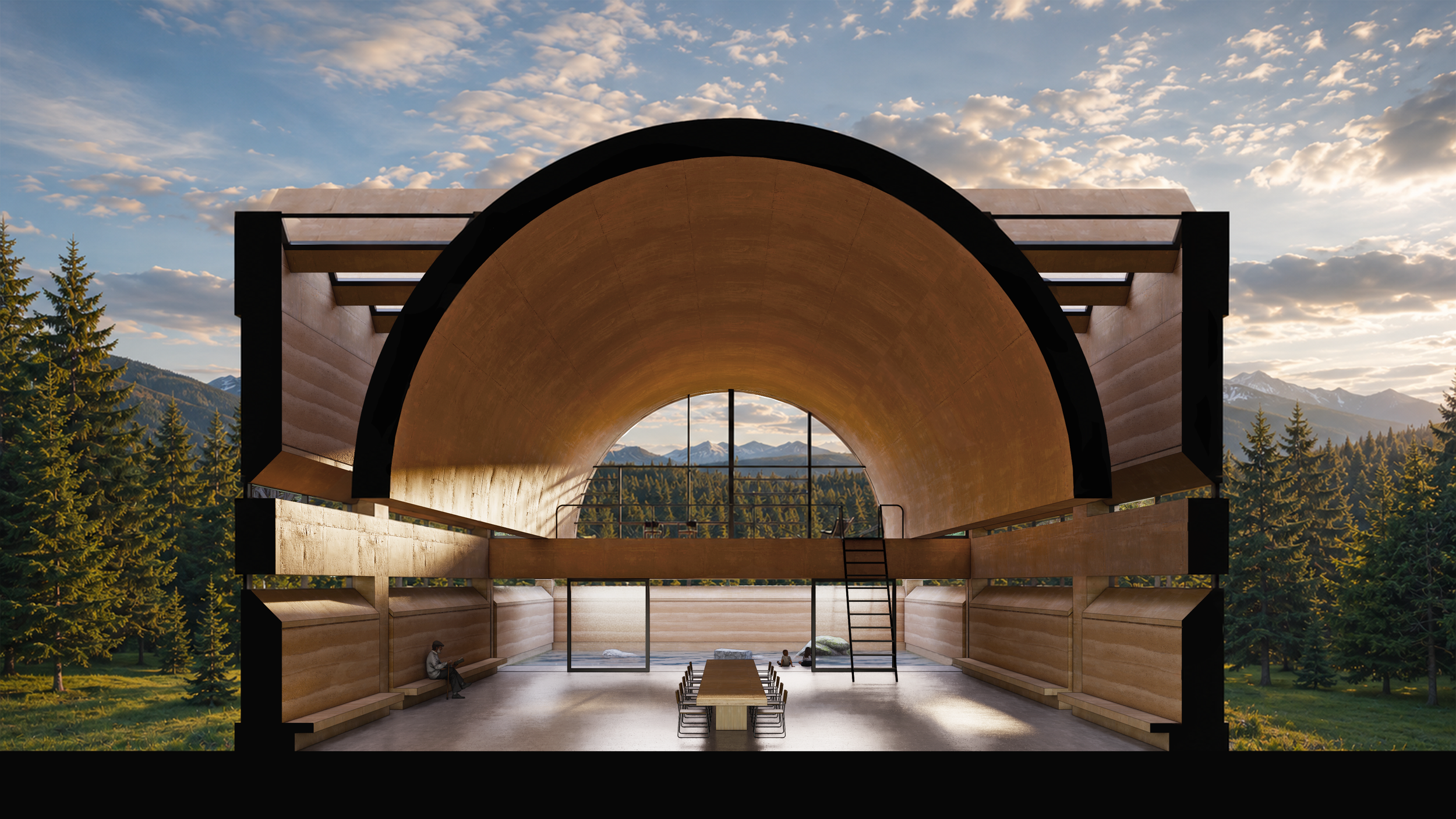 Interior of a modern building with a large arched wooden ceiling, glass doors, and surrounding windows showing a forest and mountains, with people and chairs inside.