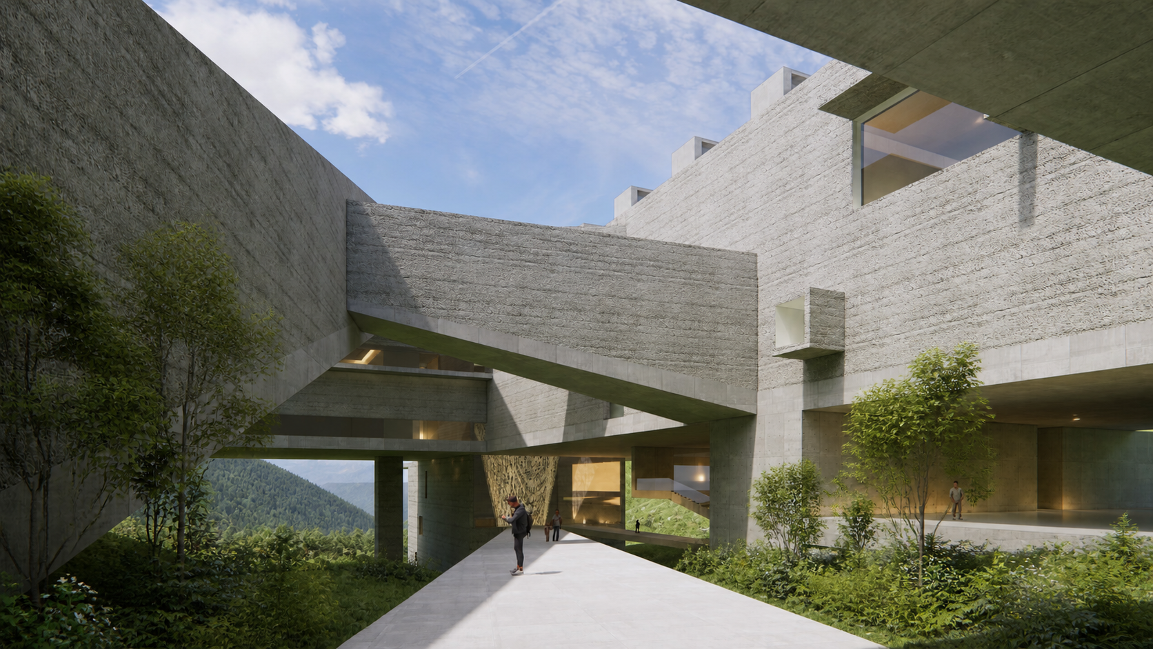 Modern concrete architectural structure with walkways and greenery, under a blue sky with clouds.