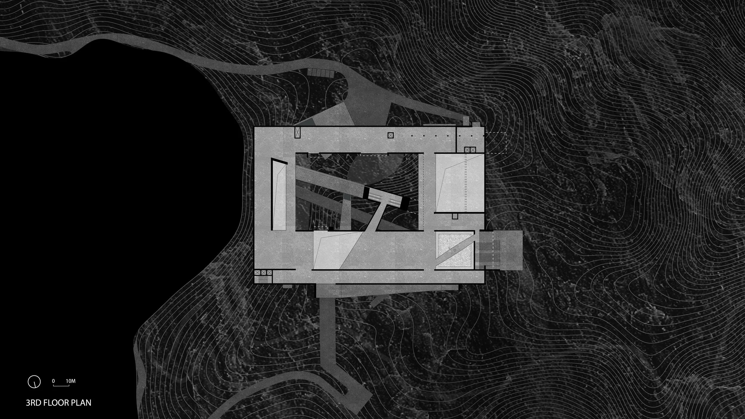 Architectural floor plan of the third floor of a building, showing rooms, walls, and structural details, overlaid on a topographic map with contour lines and terrain features.